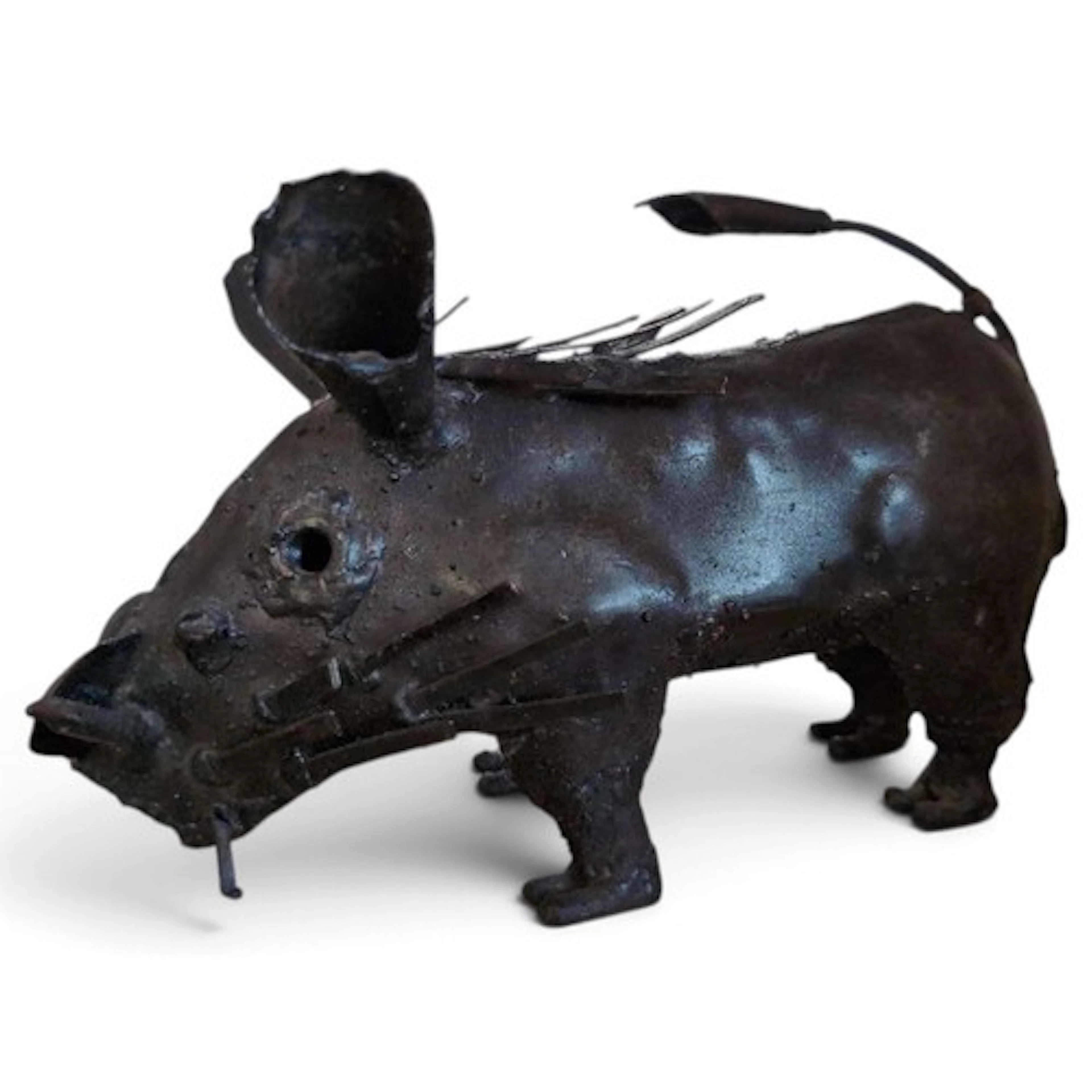 Hand-crafted recycled metal warthog sculpture.