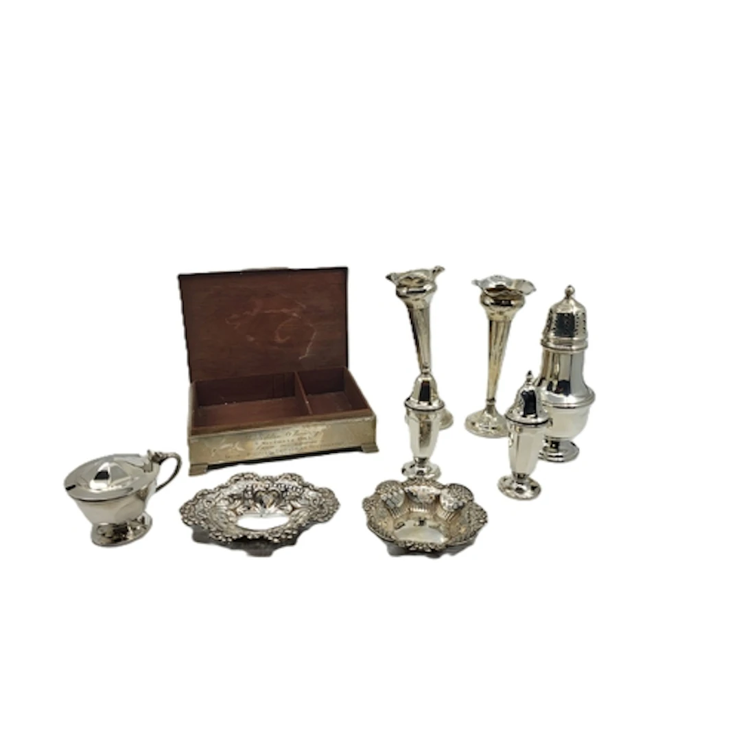 A SILVER CIGAR BOX, with 8 other silver pieces, including su...