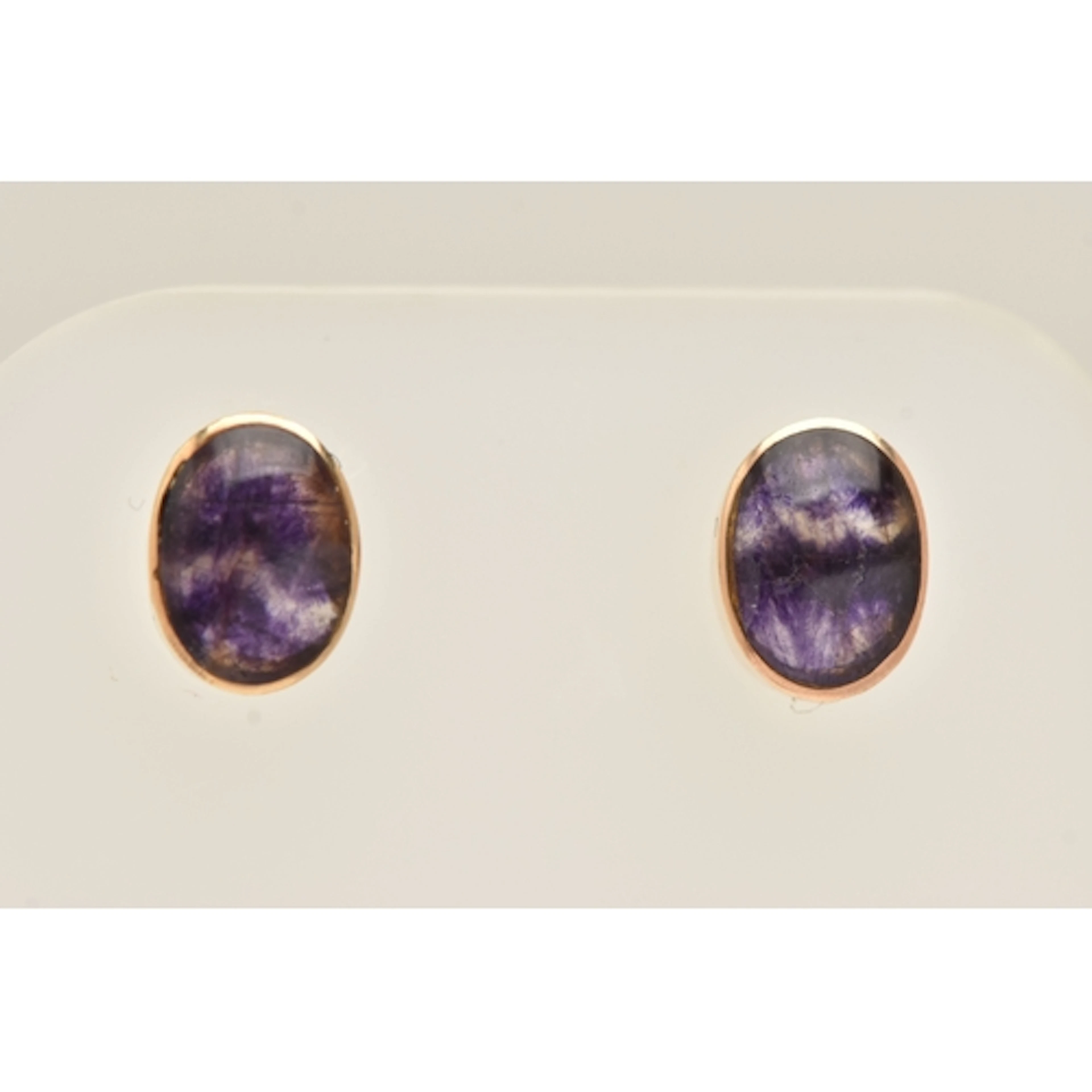 A PAIR OF YELLOW METAL BLUE JOHN FLUORITE CABOCHON SET STUD ...