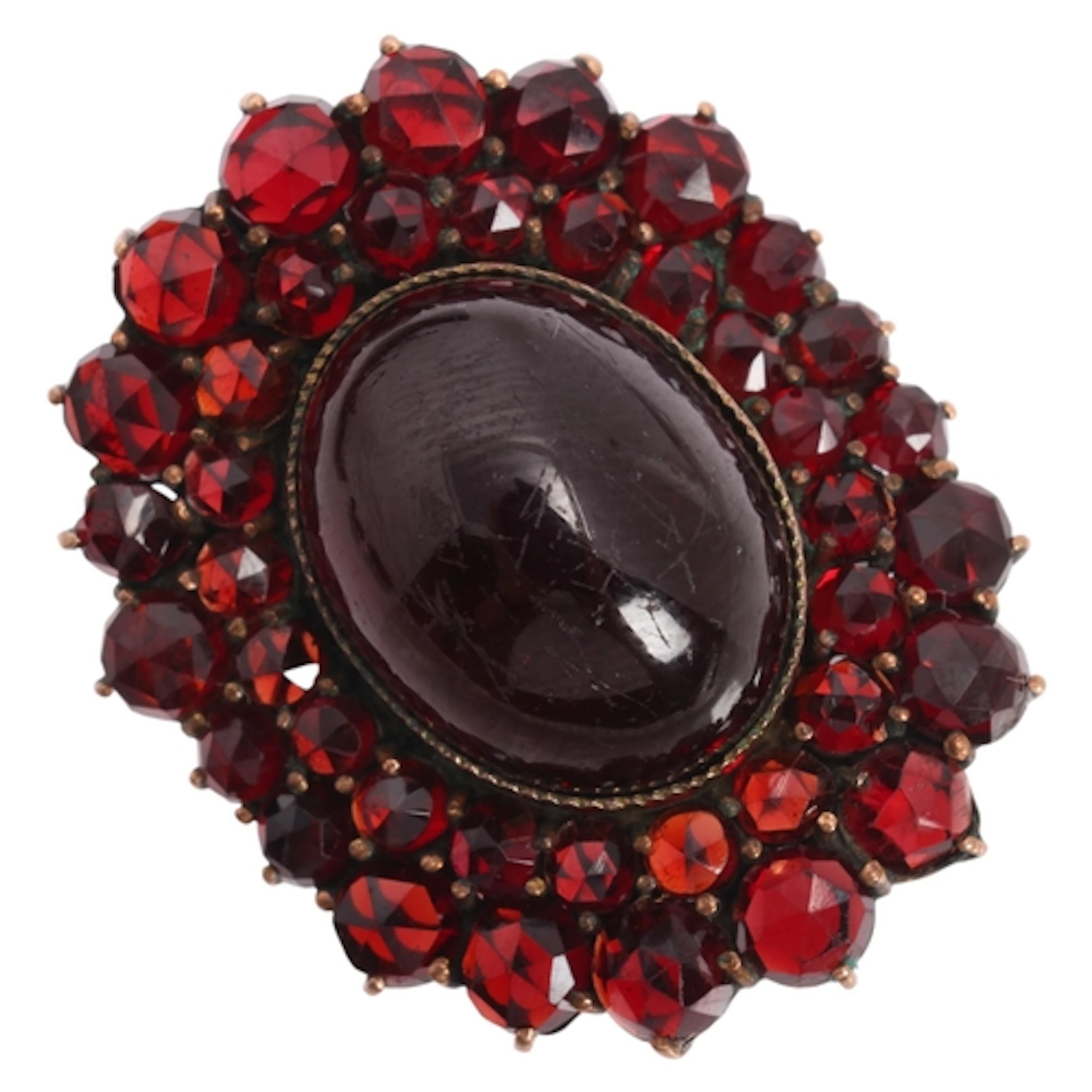 An Antique 9ct gold and gilt-metal Bohemian garnet cluster p...