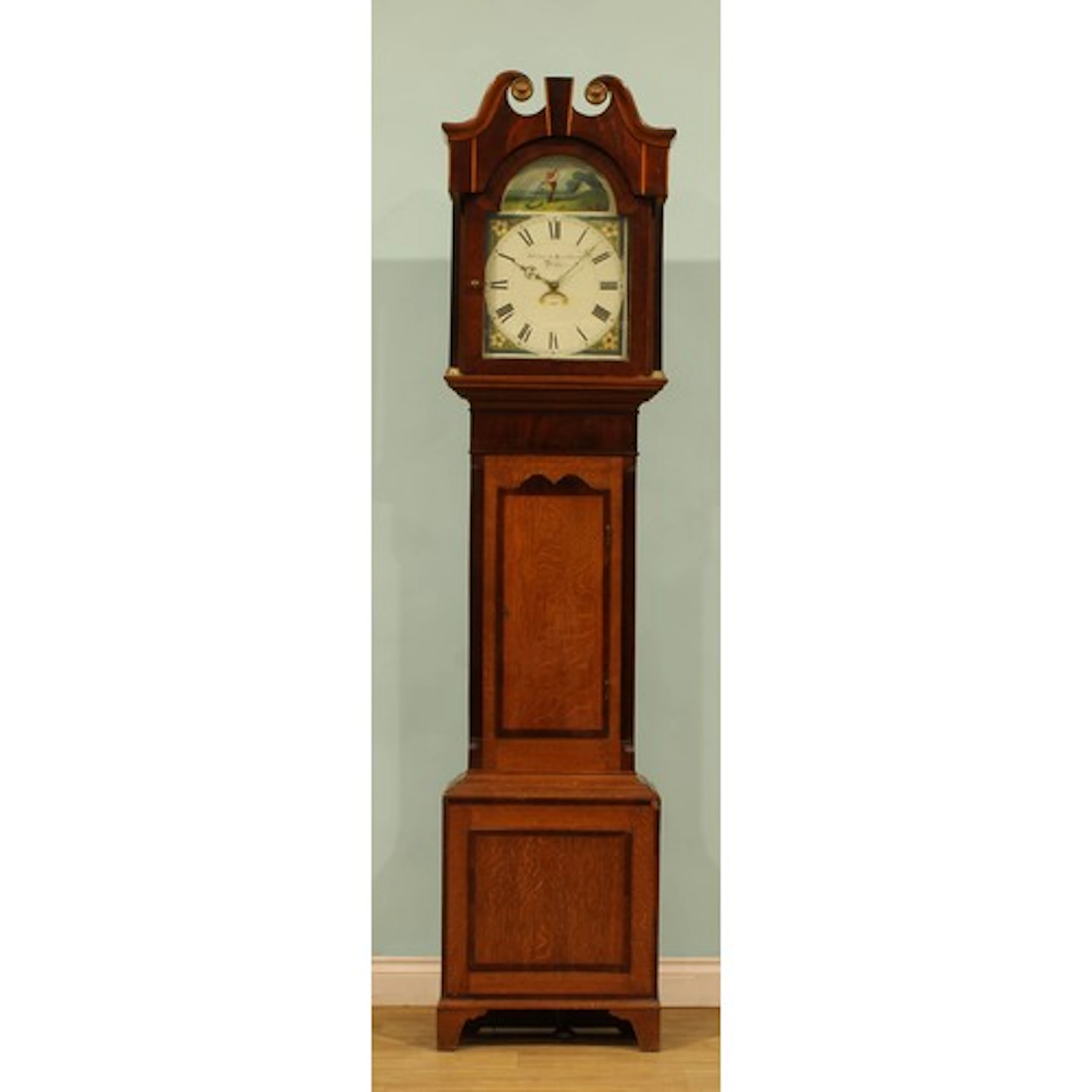 A William IV oak and mahogany longcase clock, 33cm arched pa...
