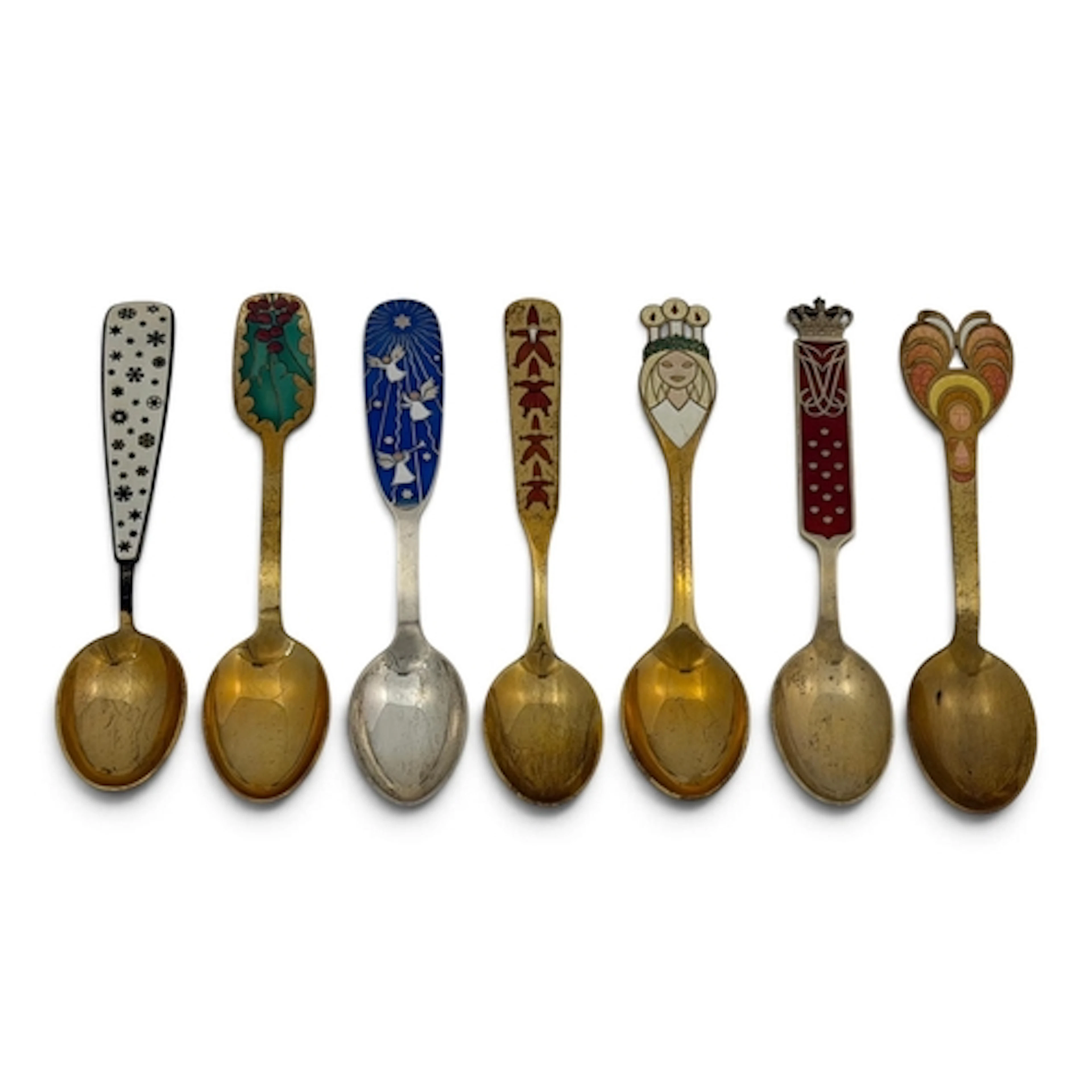 SEVEN ANTON MICHELSEN DANISH SILVER AND ENAMEL CHRISTMAS SPO...