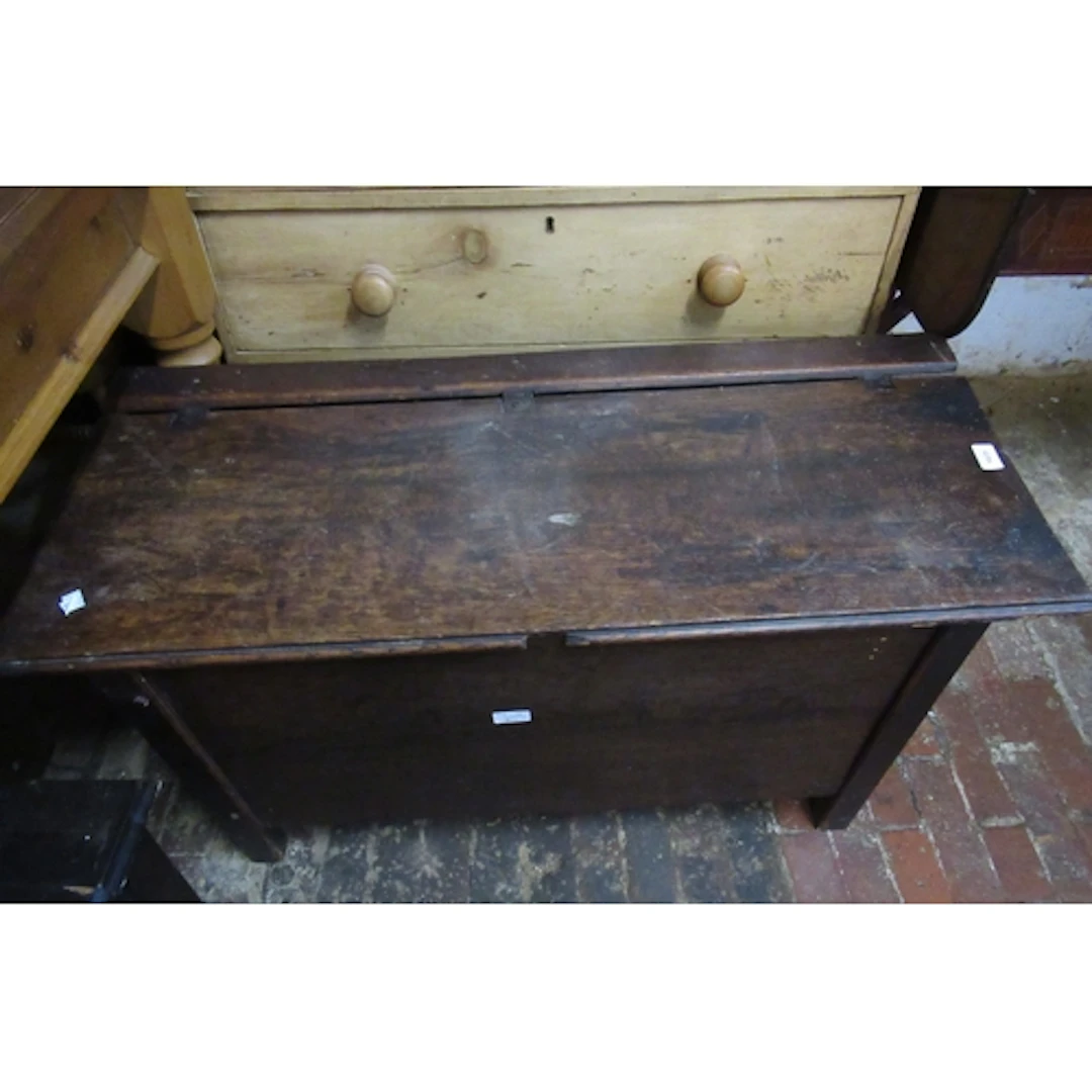 19th Century oak coffer with hinged cover and stile end supp...