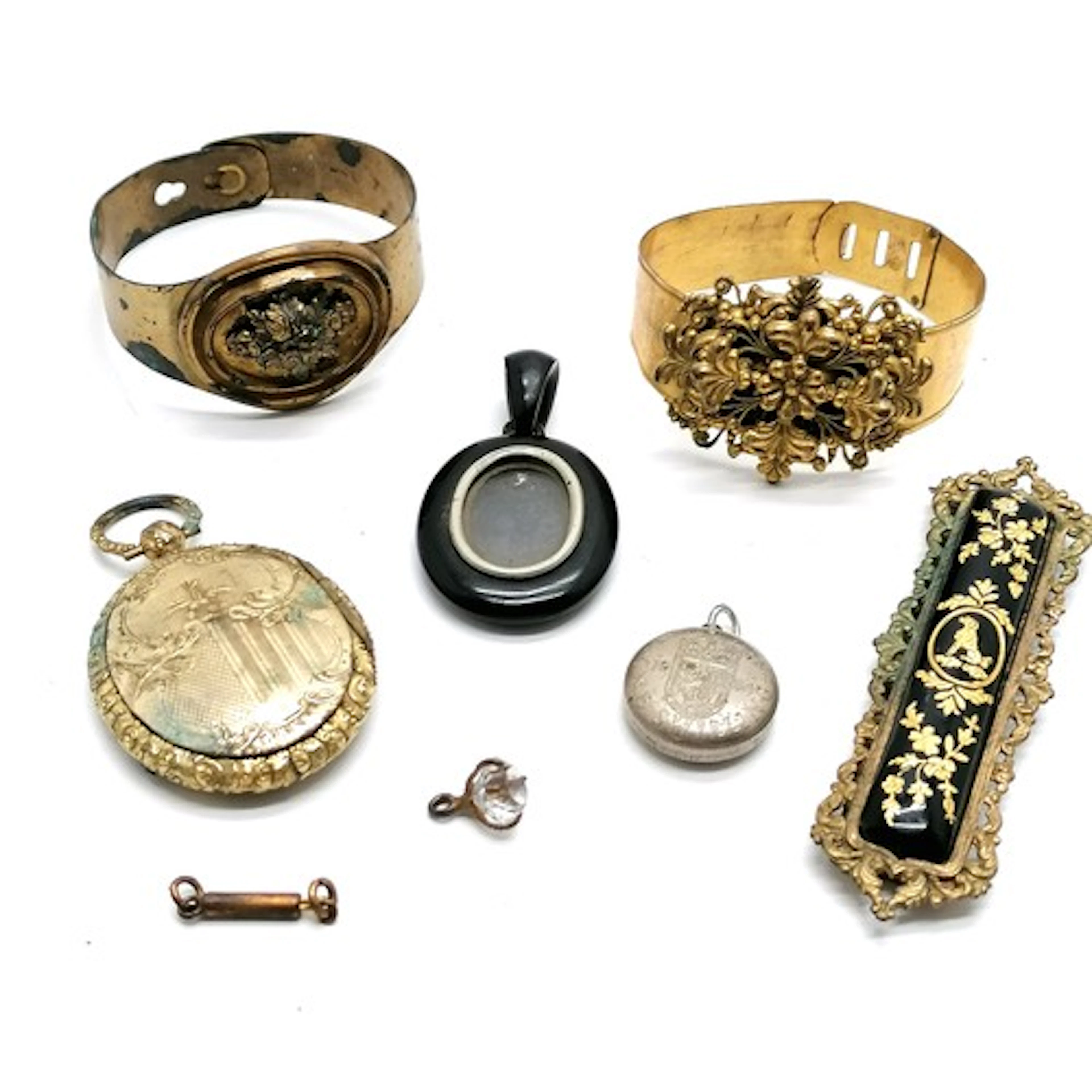 Qty of antique jewellery inc 2 x bangles (1 gilt metal), car...