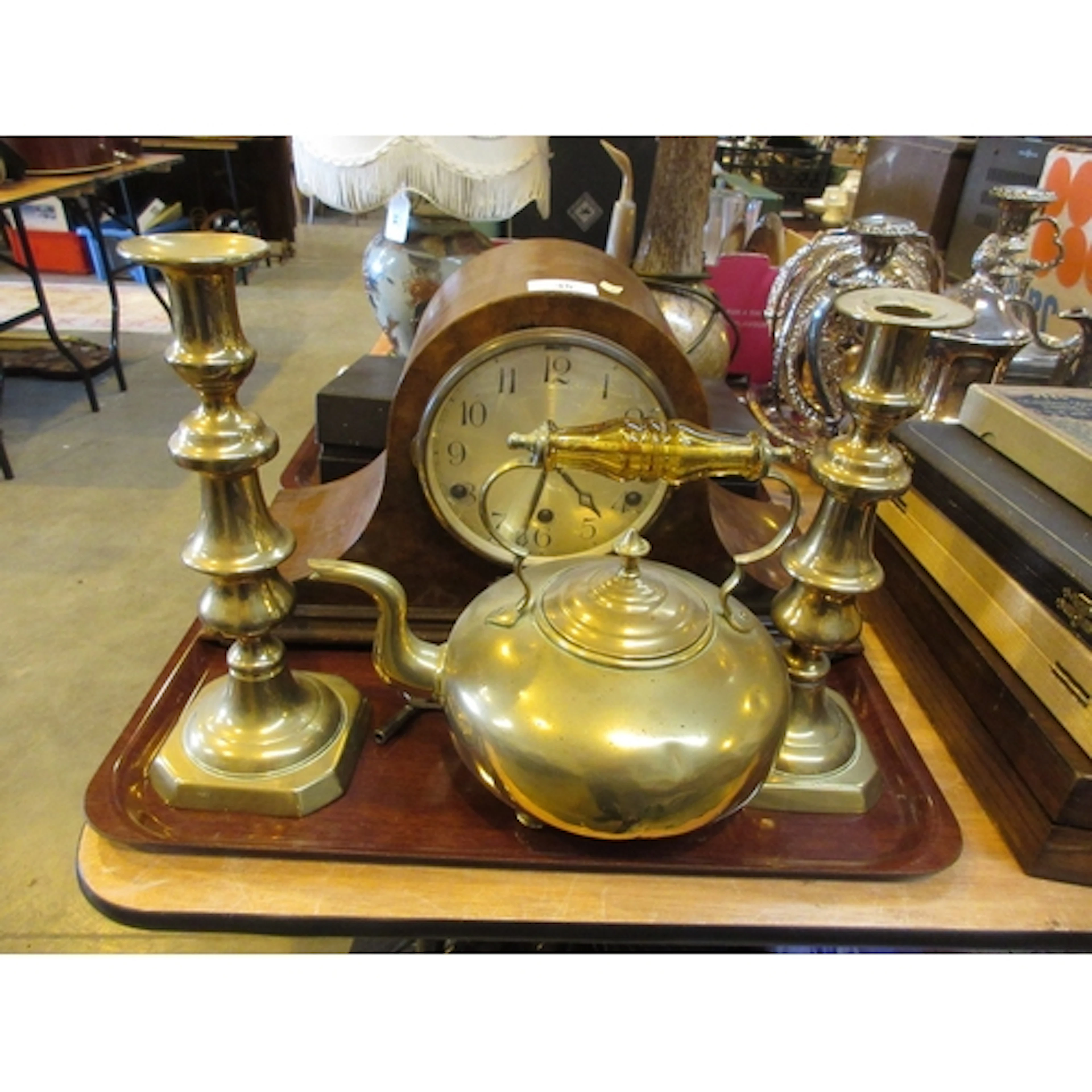 Napoleon Hat Mantel Clock, Victorian Brass Kettle and a Pair...