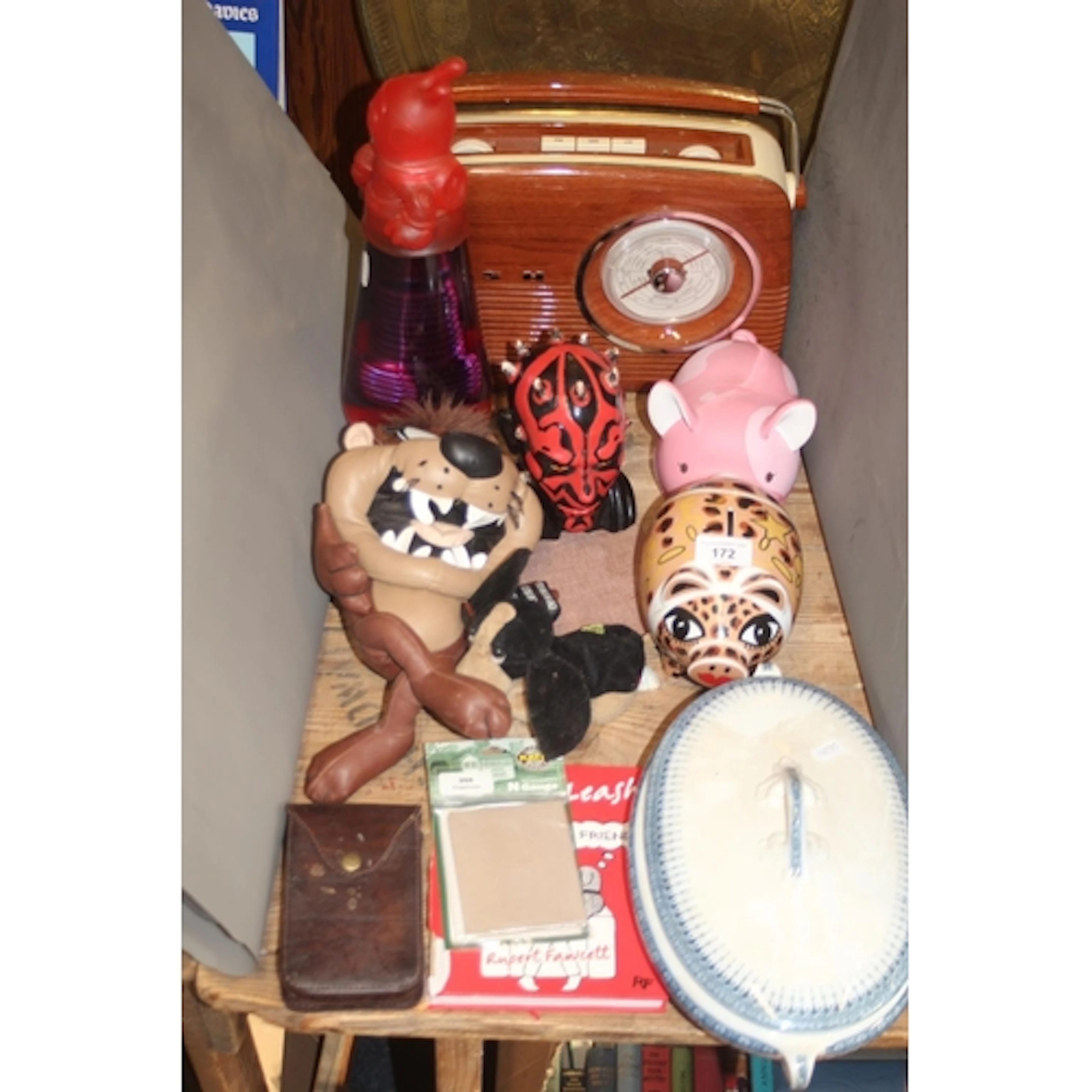 Bush radio, money boxes, toys.