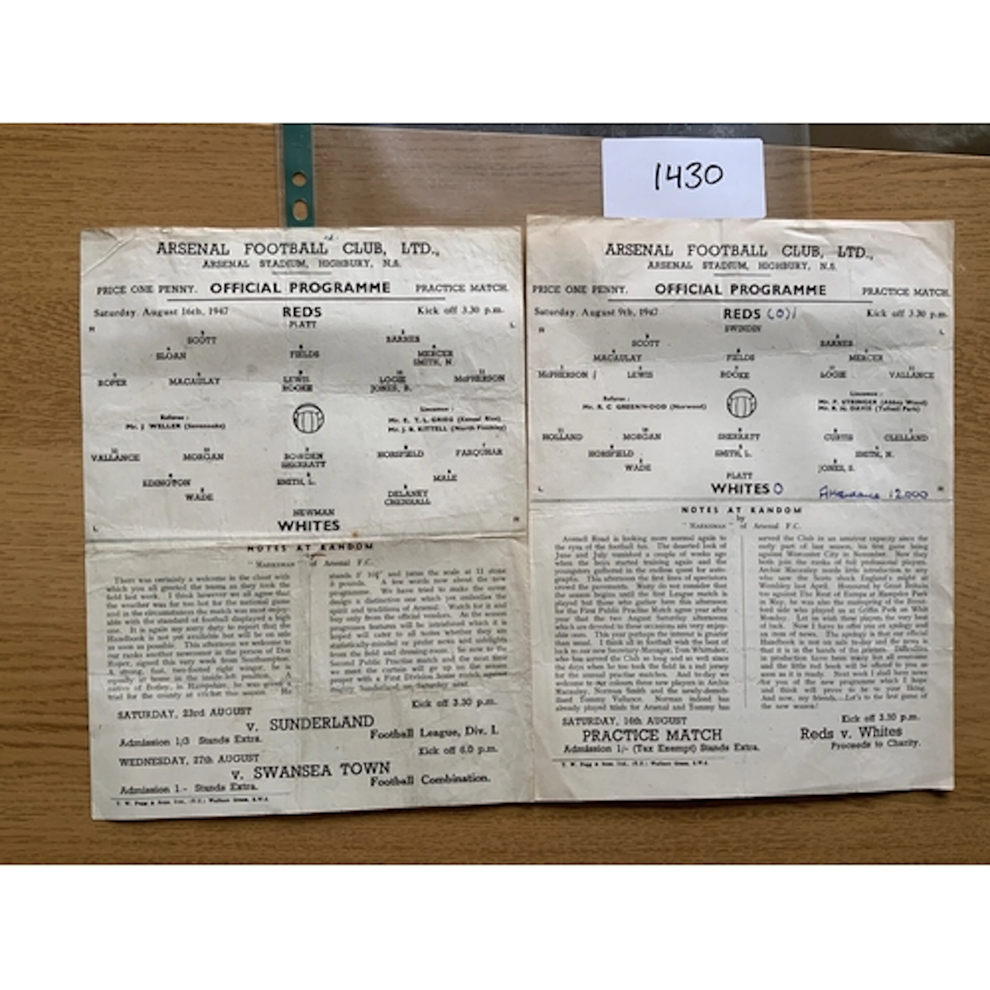 1947 - 1948 Arsenal Practice Match Football Programmes: Both...