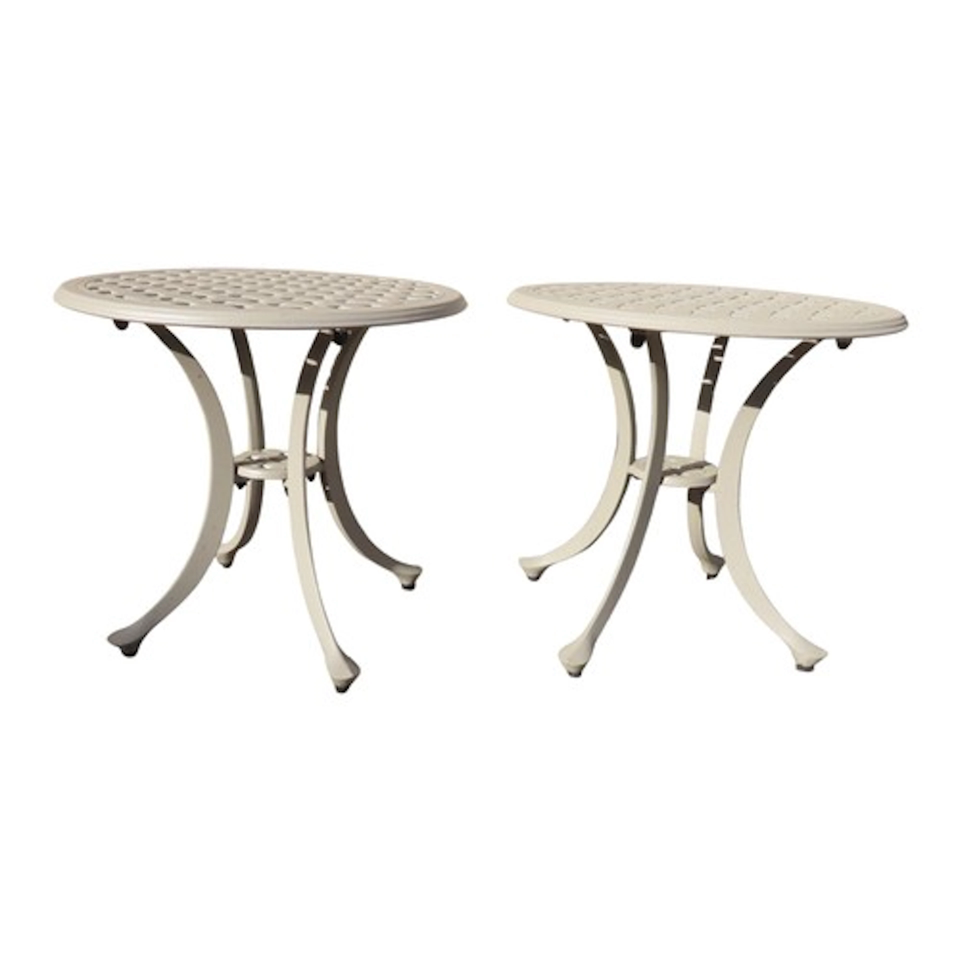A pair of small contemporary painted cast metal garden table...