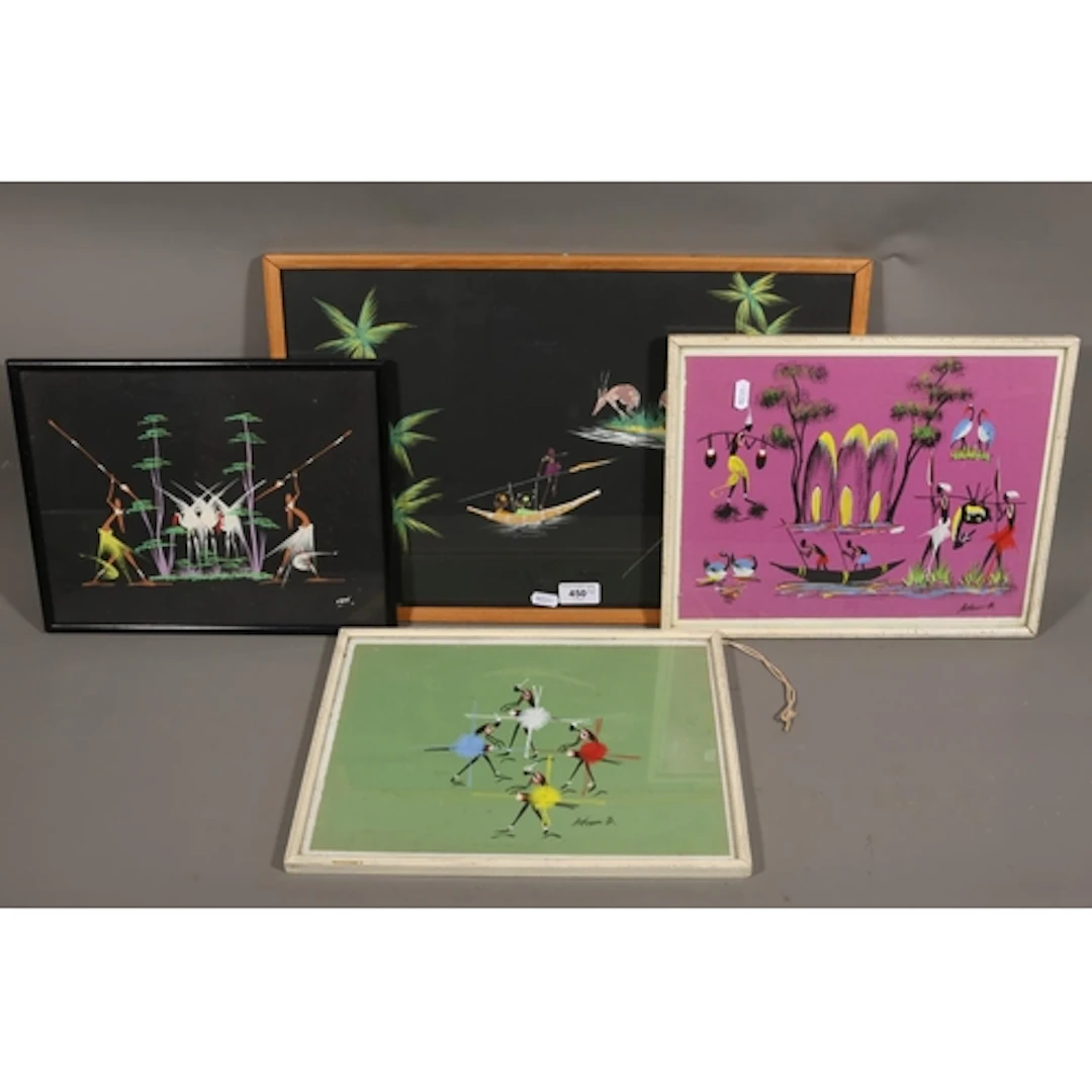 African folk art painting of hunters on canoes spearing ante...