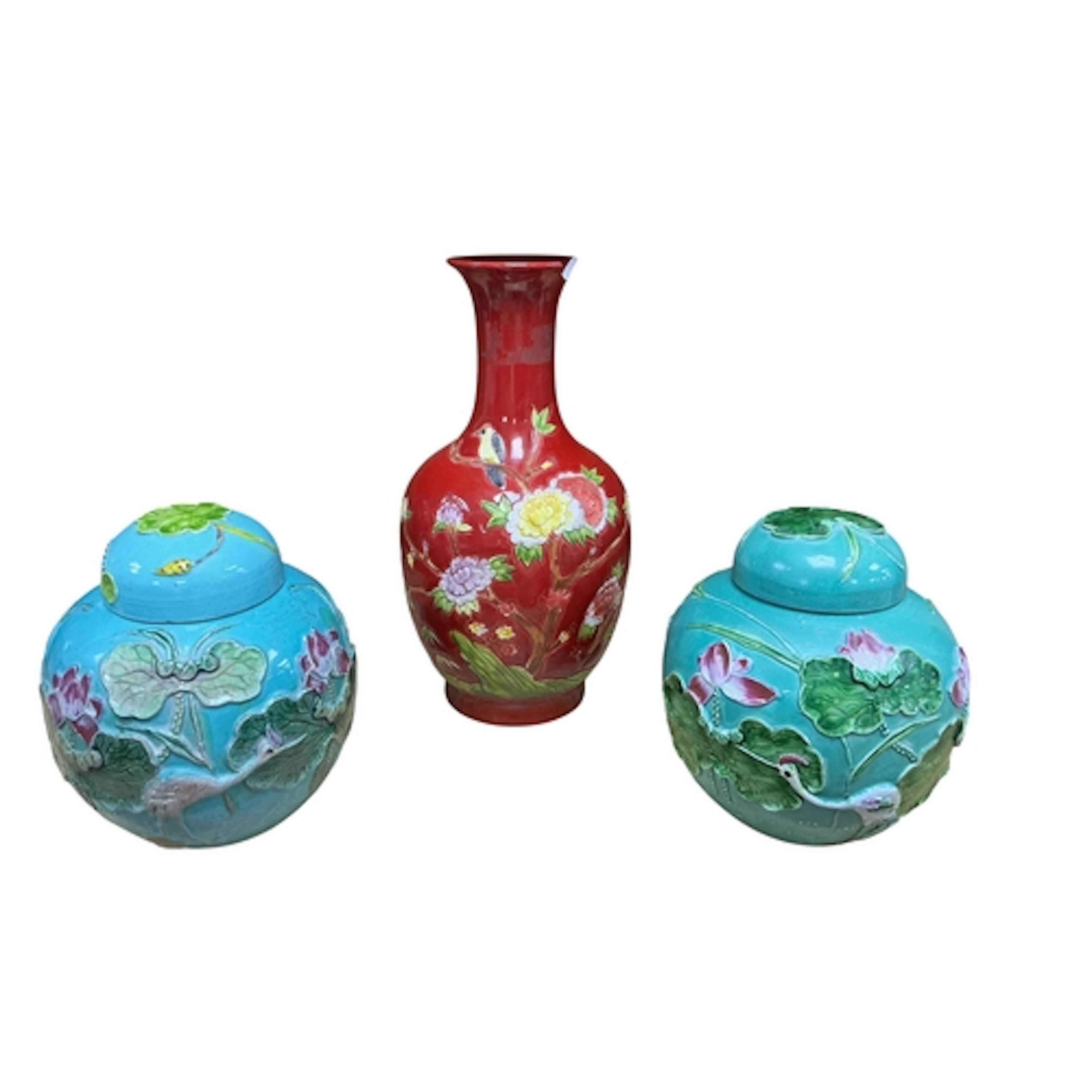 Three Chinese ceramics, comprising a famille rose baluster v...