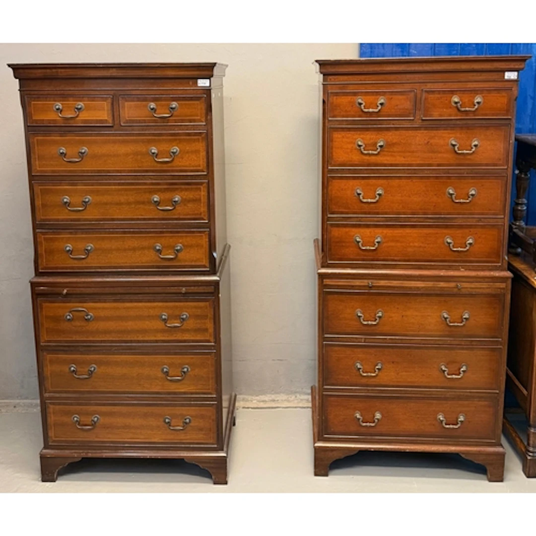 Two similar Georgian style mahogany inlaid tallboy/chest on ...
