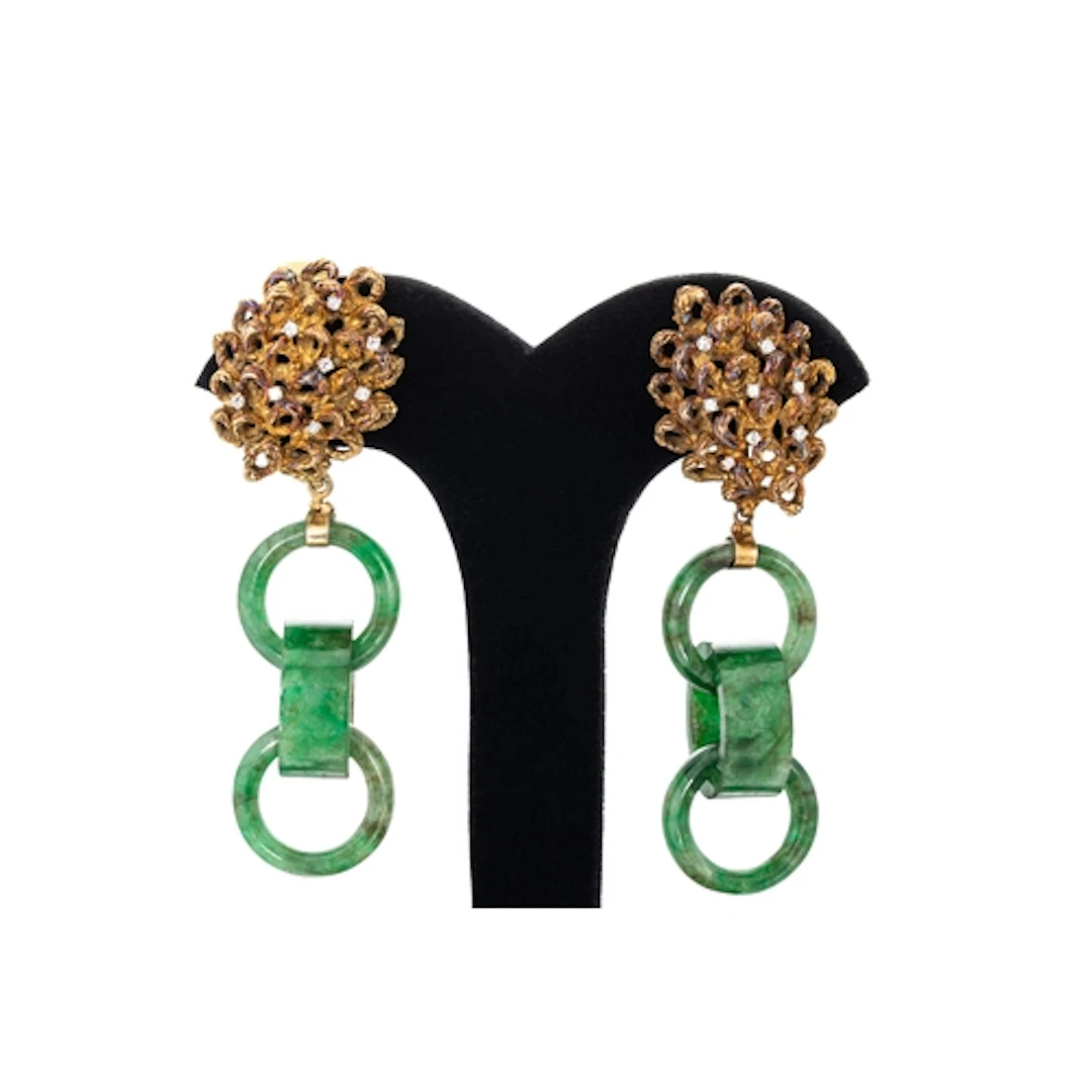 A PAIR OF JADE DROP EARRINGS, abstract form set with diamond...