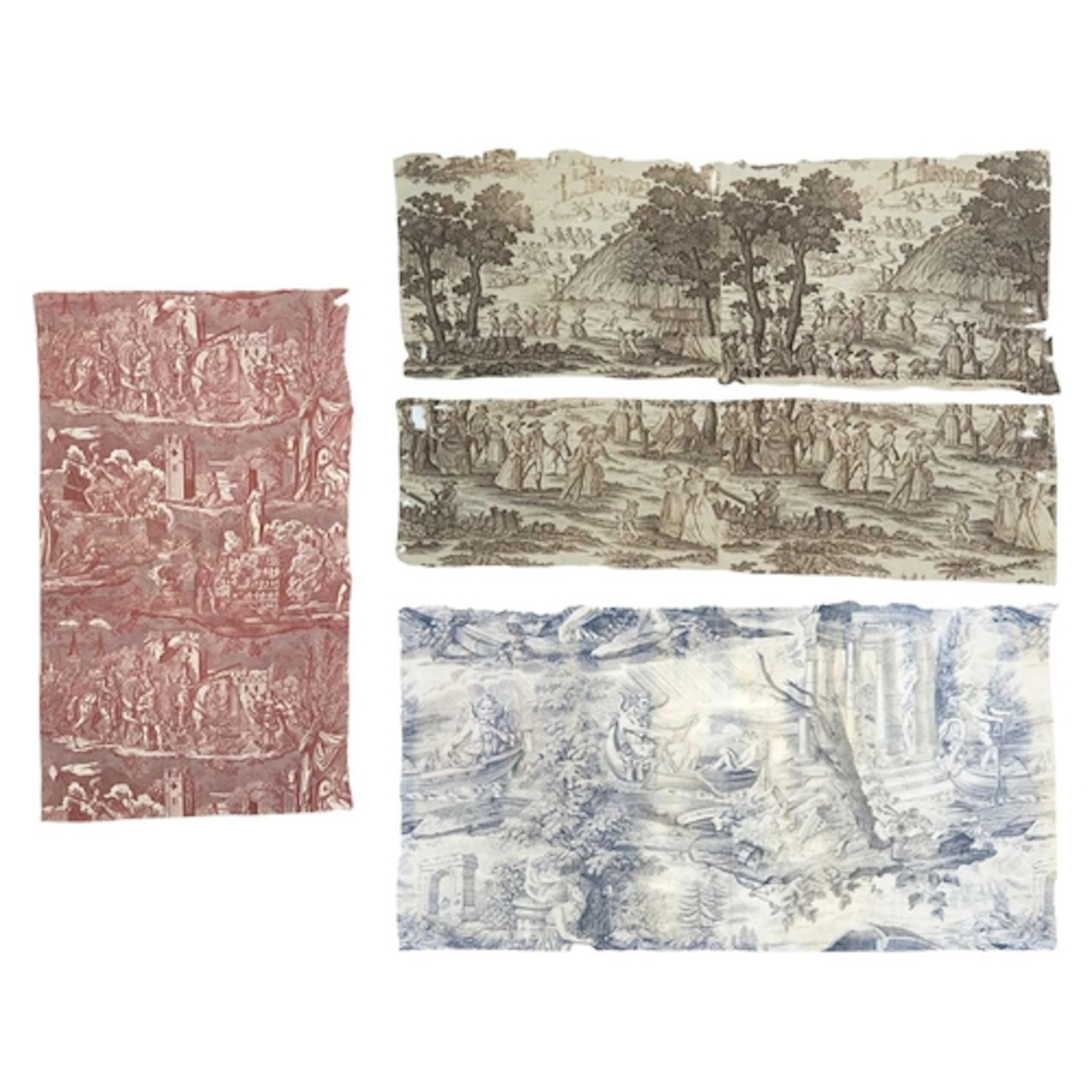 Antique 'toile de jouy' cotton fabric remnants. Includes two...