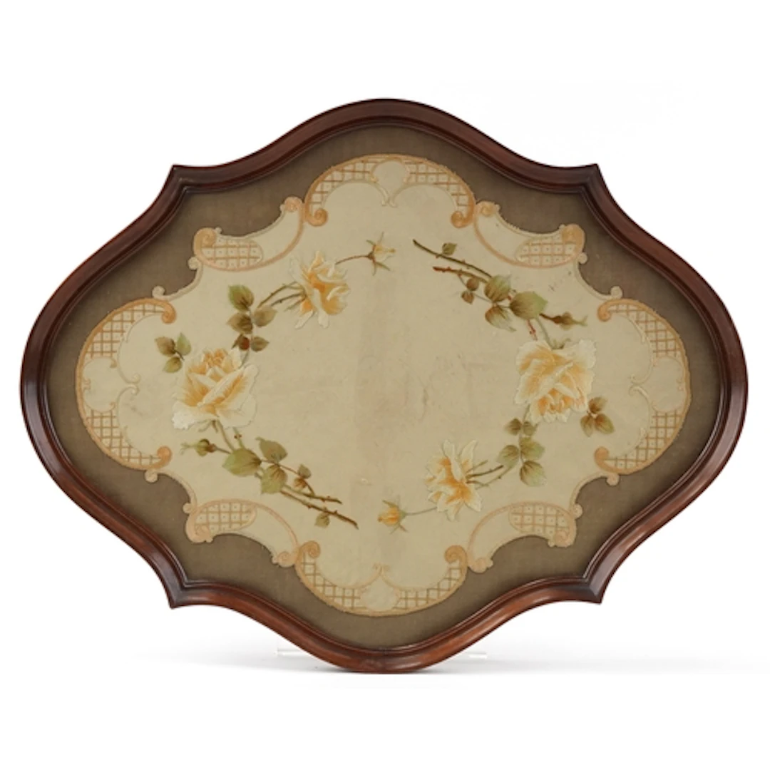 Antique wall mounted tray embroidered with roses, glazed, 67...