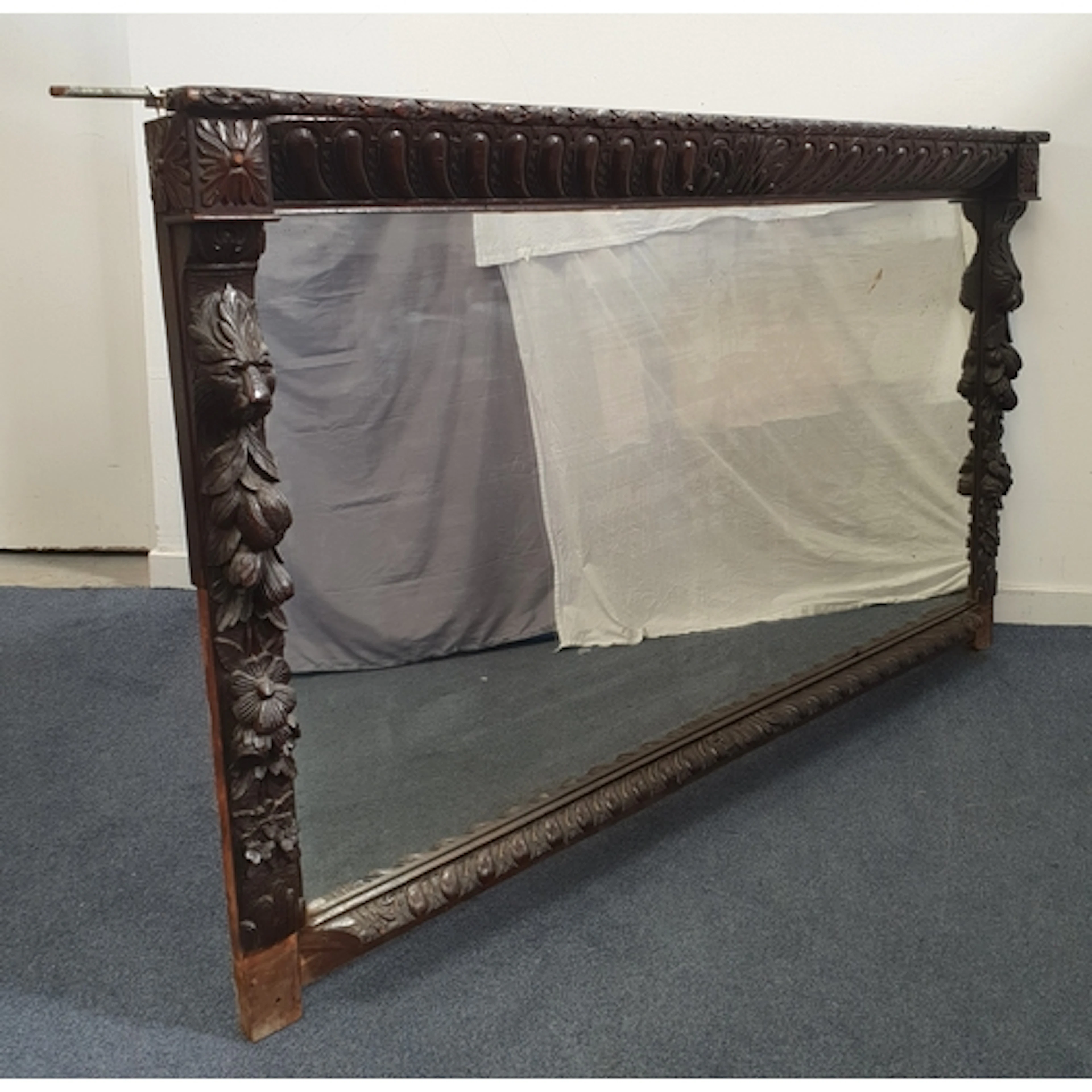 VERY LARGE VICTORIAN CARVED OAK OVERMANTEL MIRROR the side c...