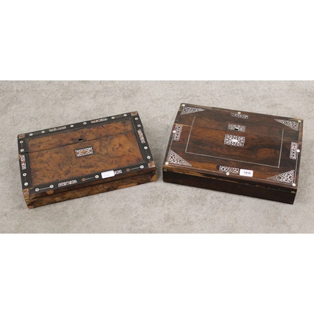 19th Century rosewood mother of pearl inlaid slope front wri...