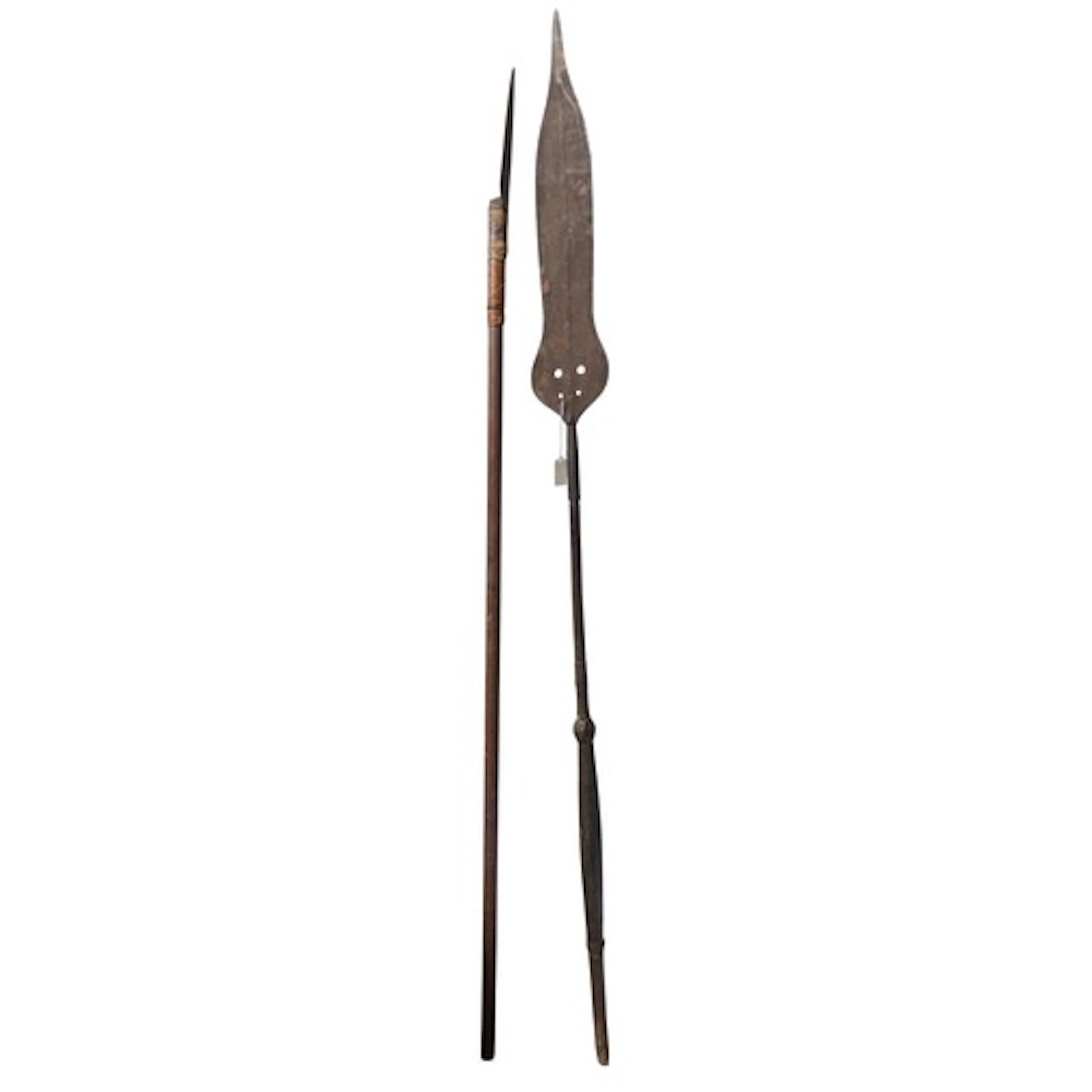 A KUBA IRON SPEAR with large, flat waisted head and striated...