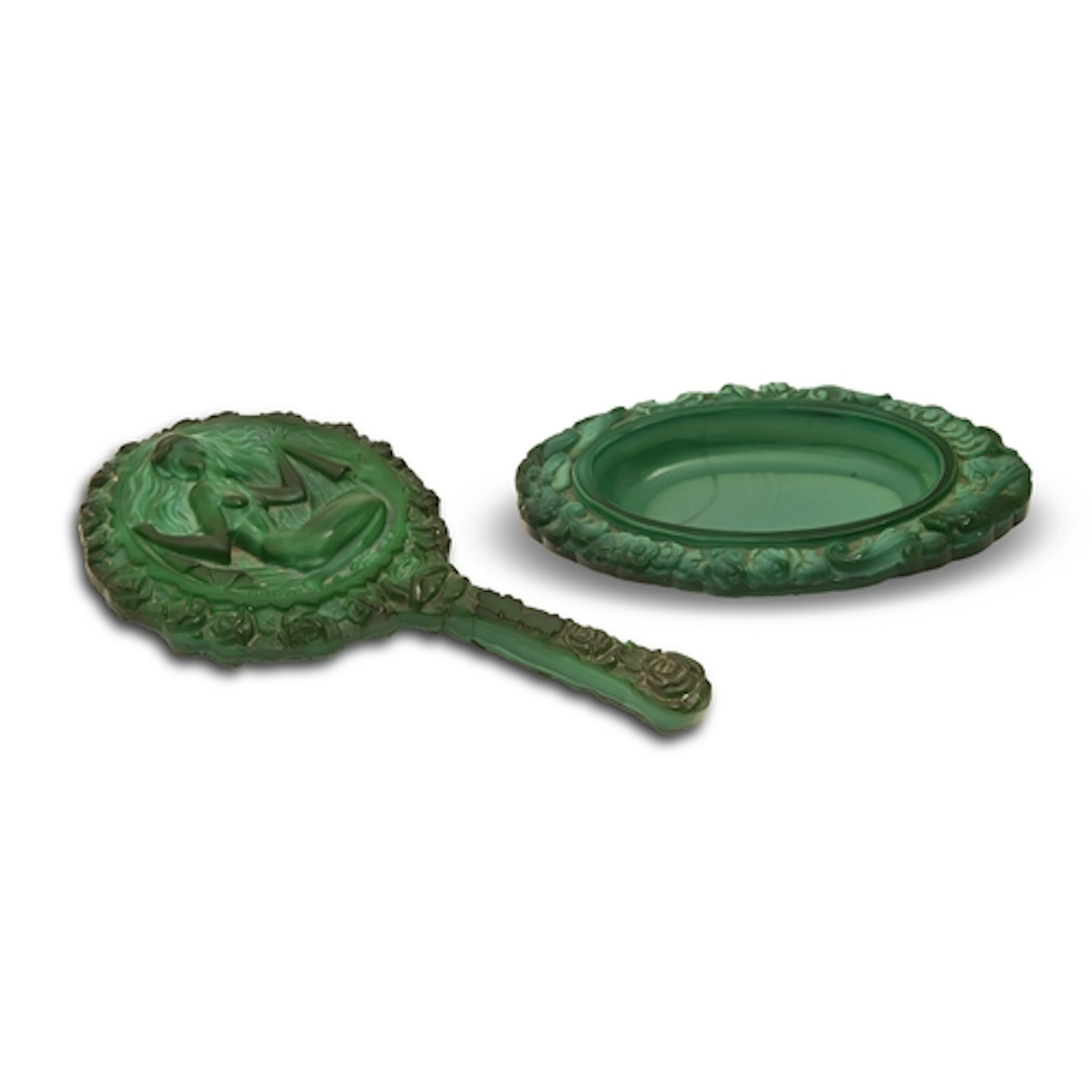 A Schlevogt malachite press moulded glass hand mirror, c1930...