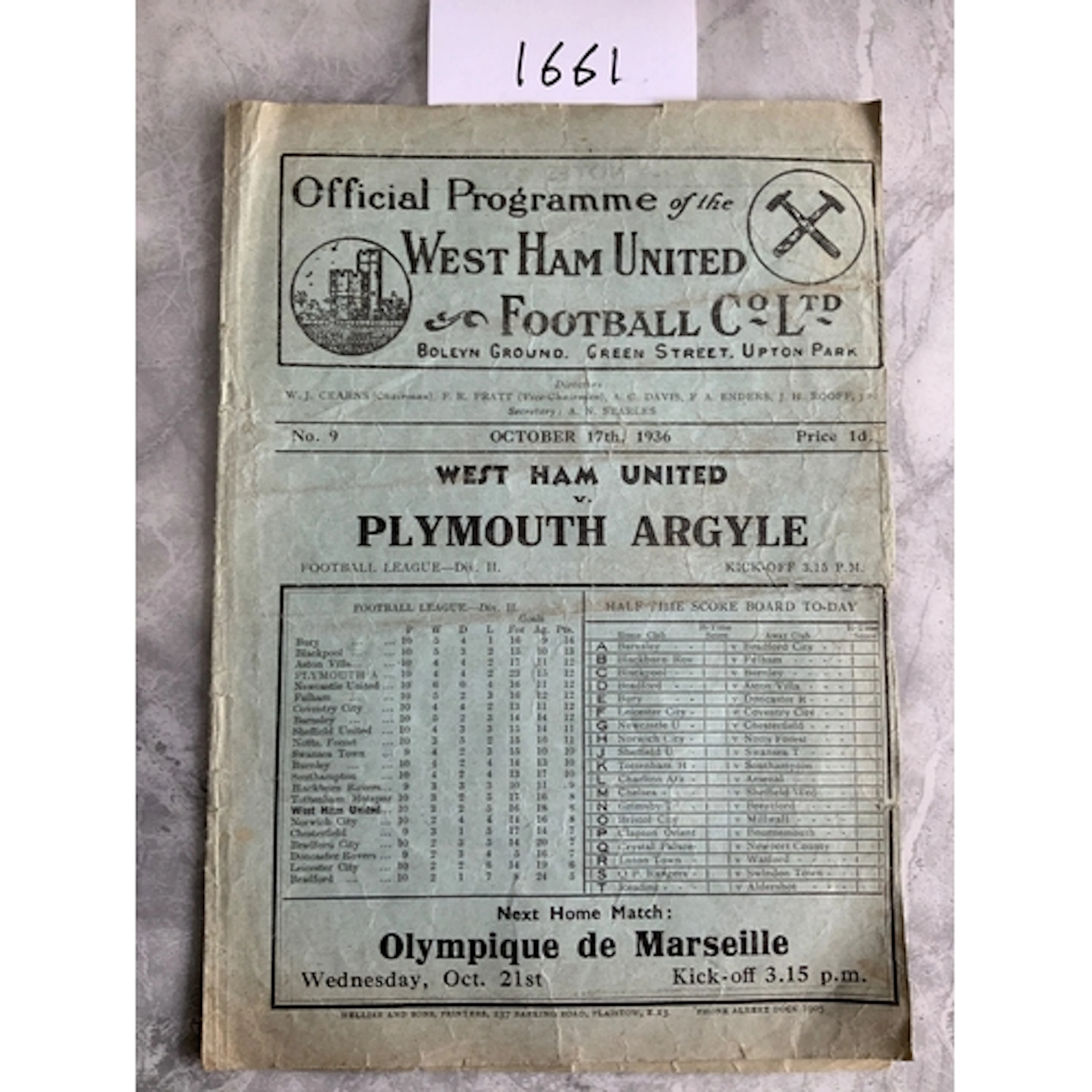 36/37 West Ham v Plymouth Football Programme: Fair condition...