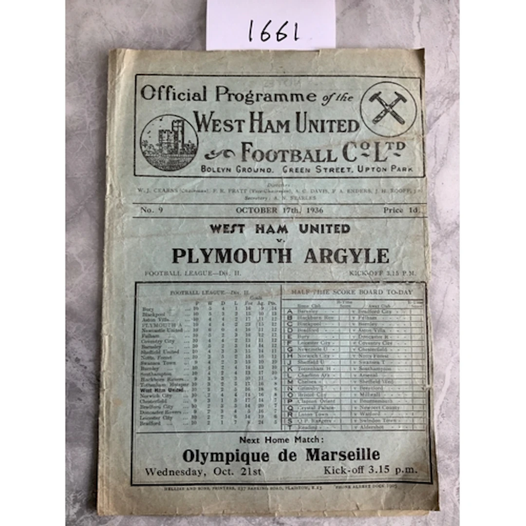 36/37 West Ham v Plymouth Football Programme: Fair condition...