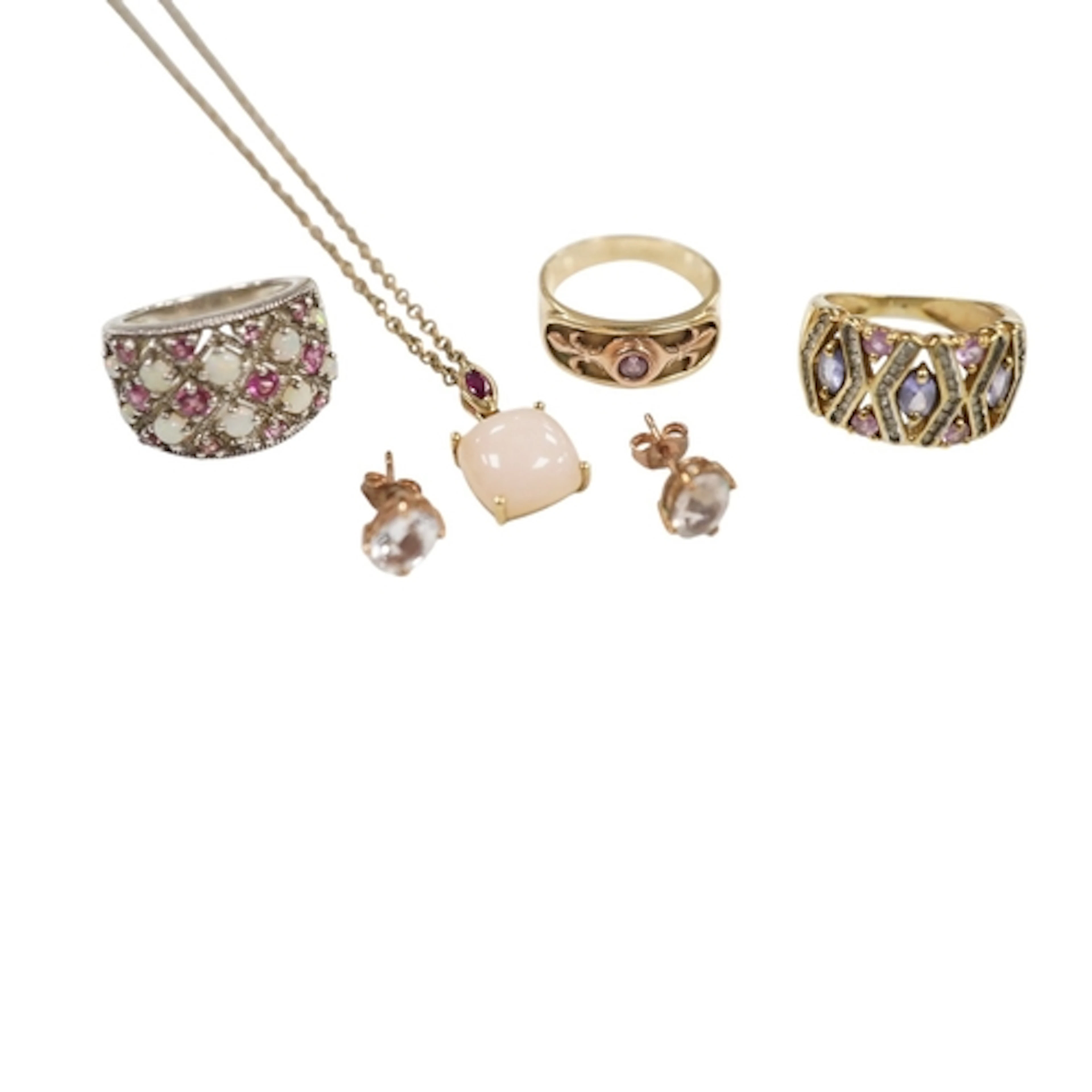 A 9k pink opal pendant, on a gold plated chain, a pair of 37...