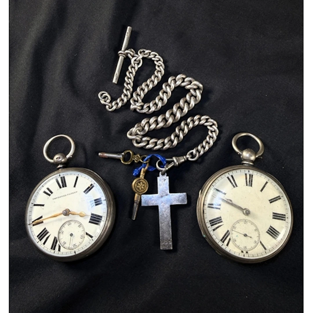 Two silver open faced pocket watches and a silver Albert cha...
