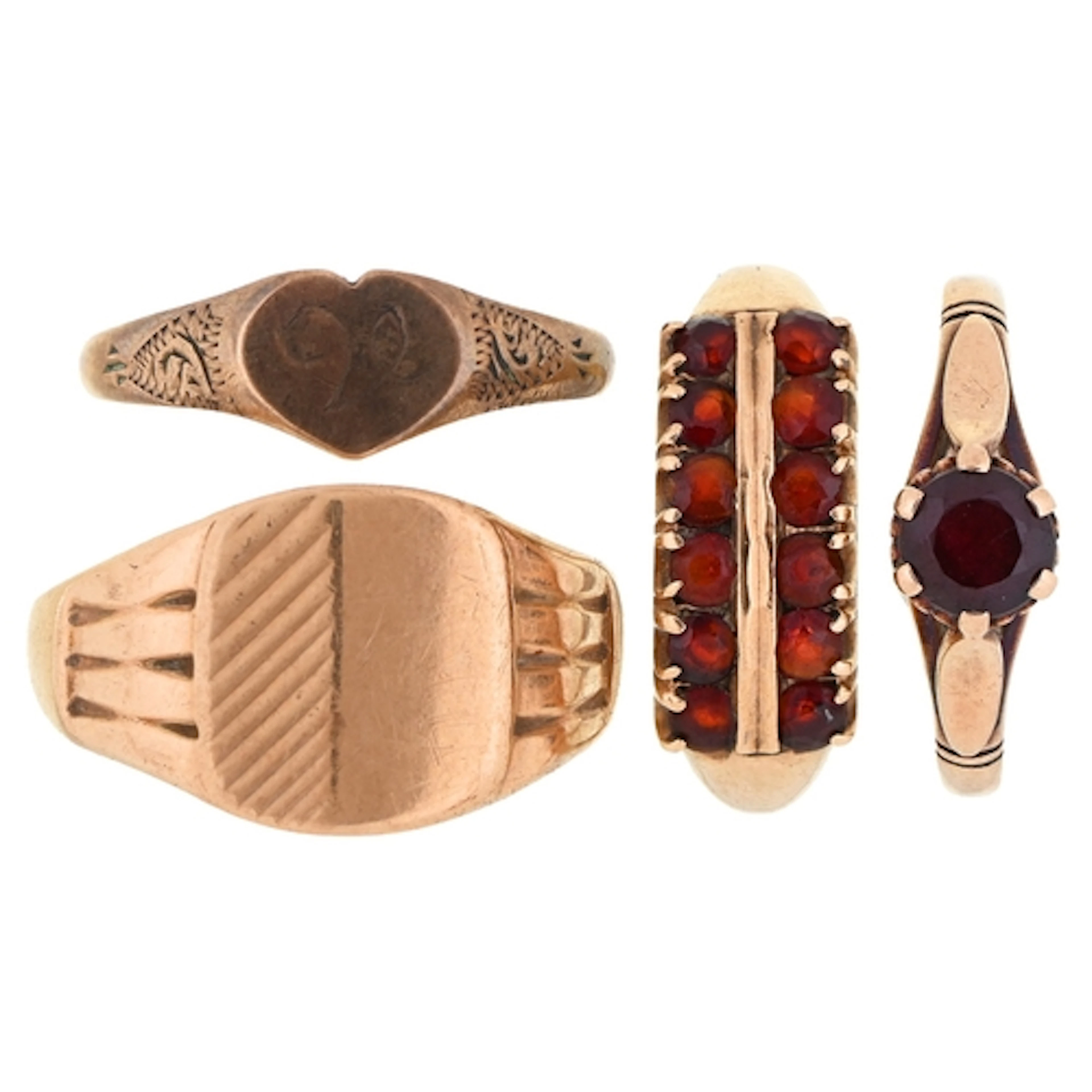 A 9ct gold signet ring, another marked 9ct and two garnet ri...