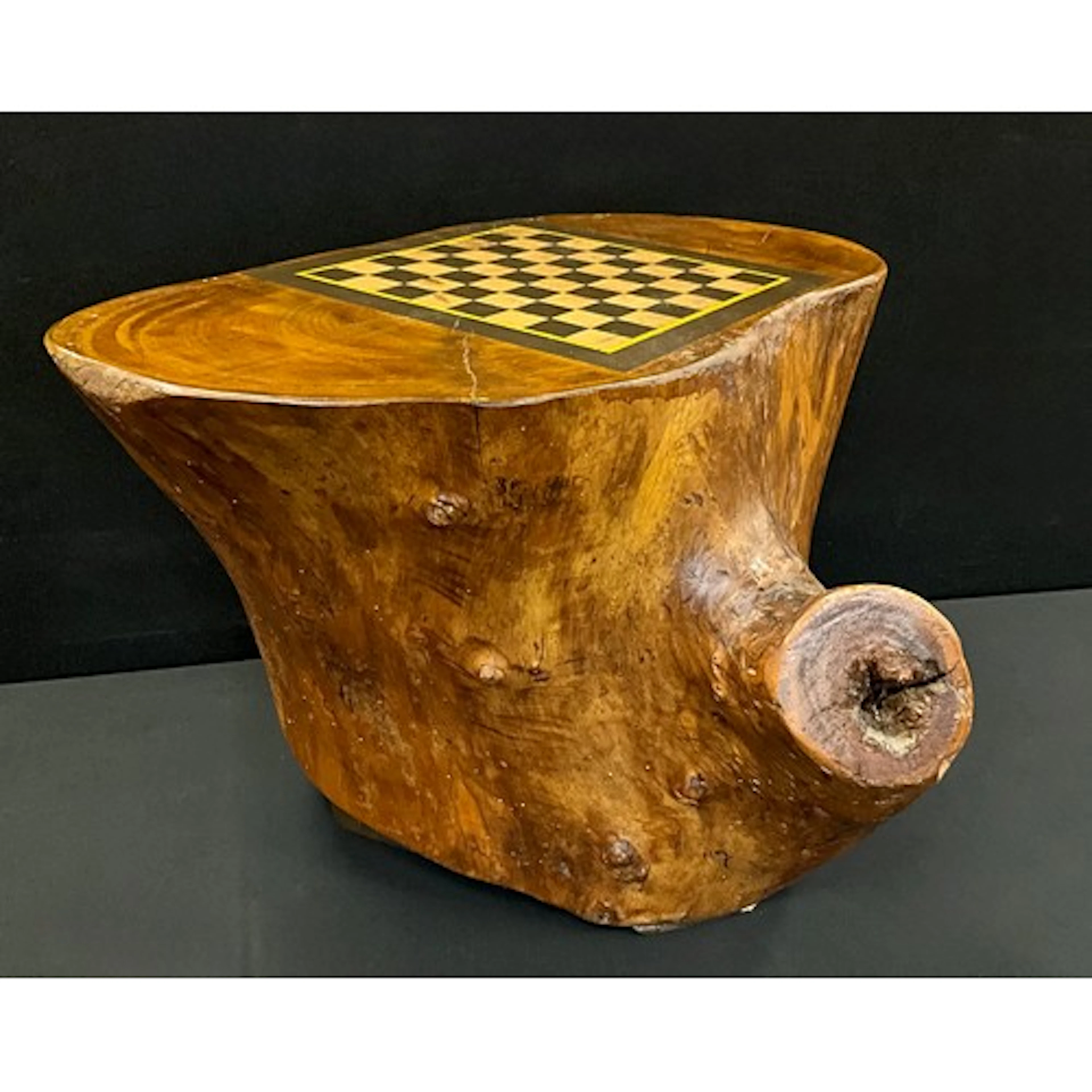 A custom live edge rustic wood stump inset chess/draughts bo...