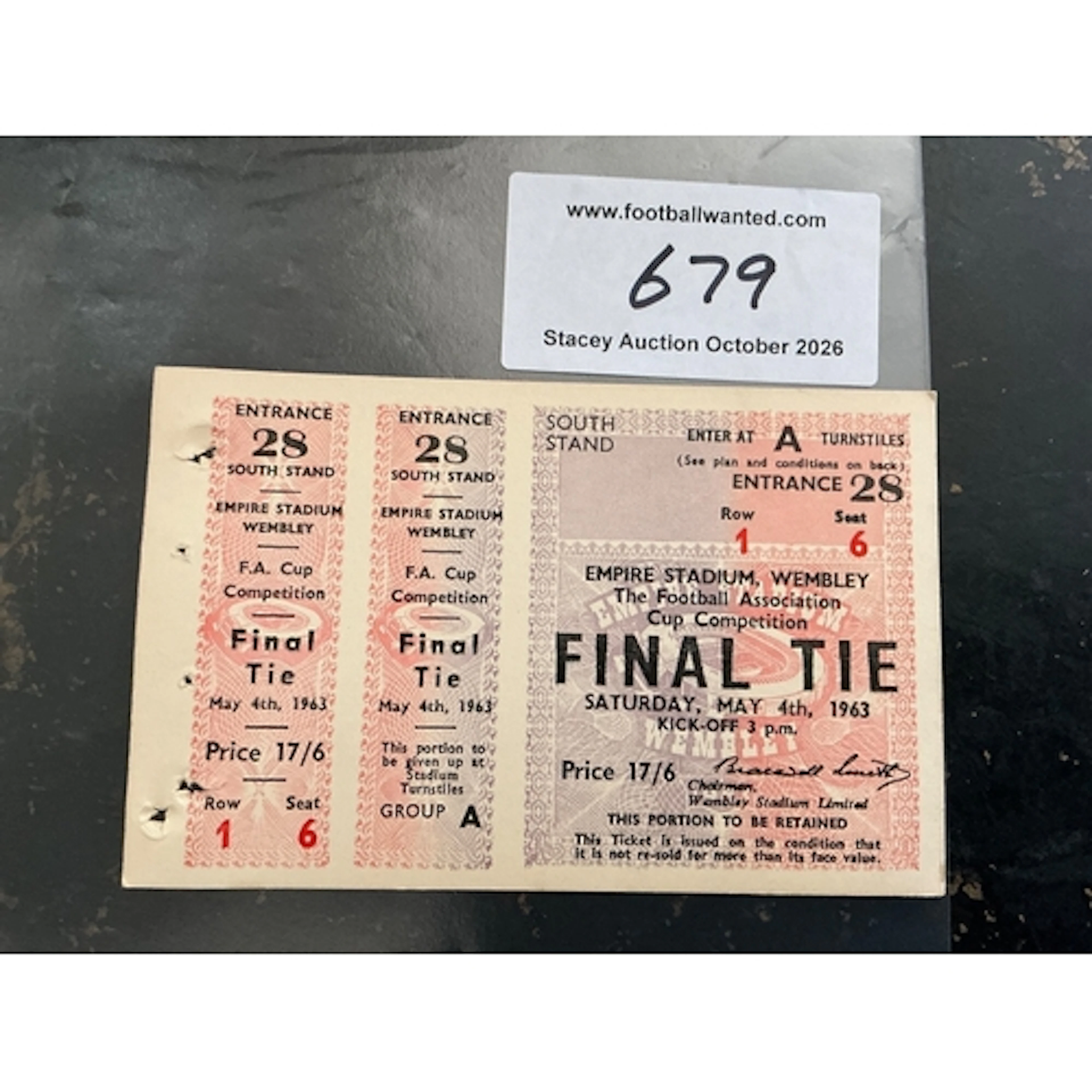 1963 FA Cup Final Proof Copy Football Ticket: Manchester Uni...