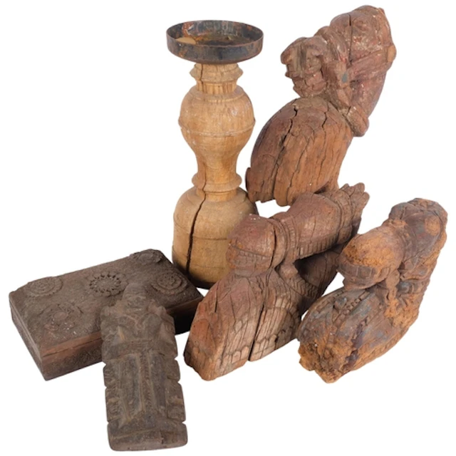 A group of Antique carved wood sculptures, including 2 horse...