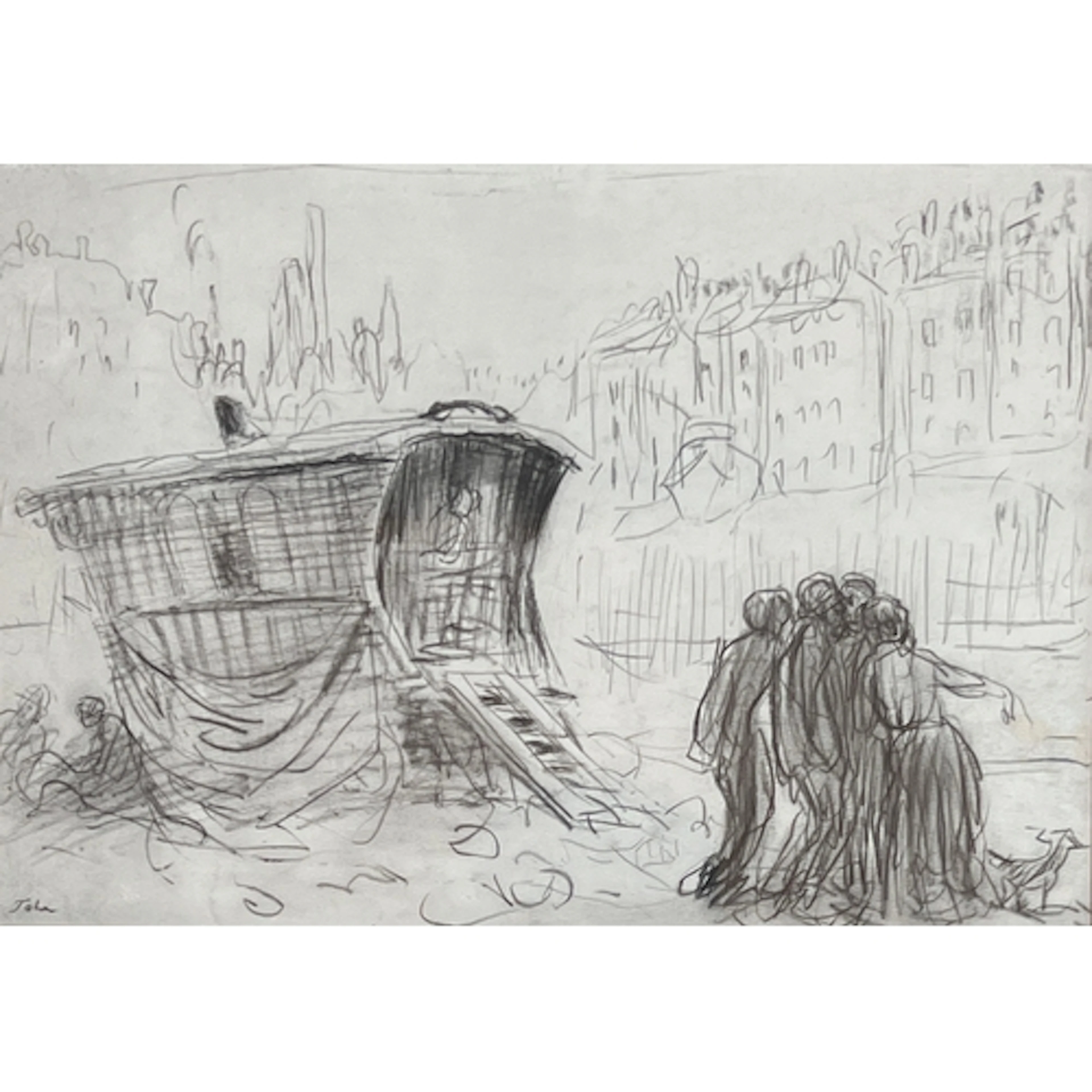 Augustus John RA (1878-1961), figures by a gypsy caravan, ch...