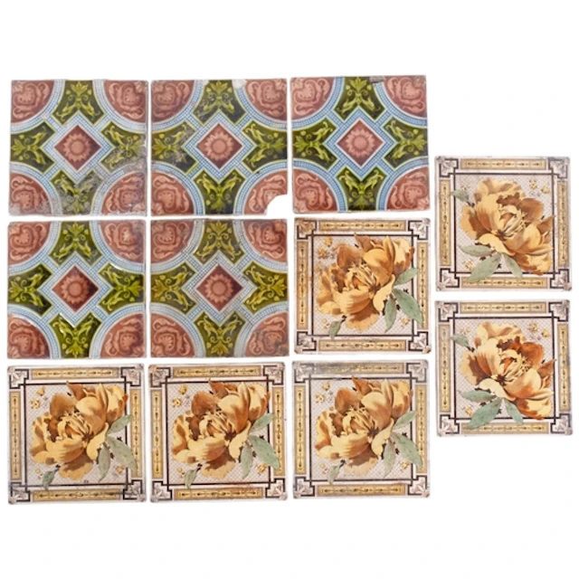 A set of 6 Victorian printed tiles with floral designs, and ...