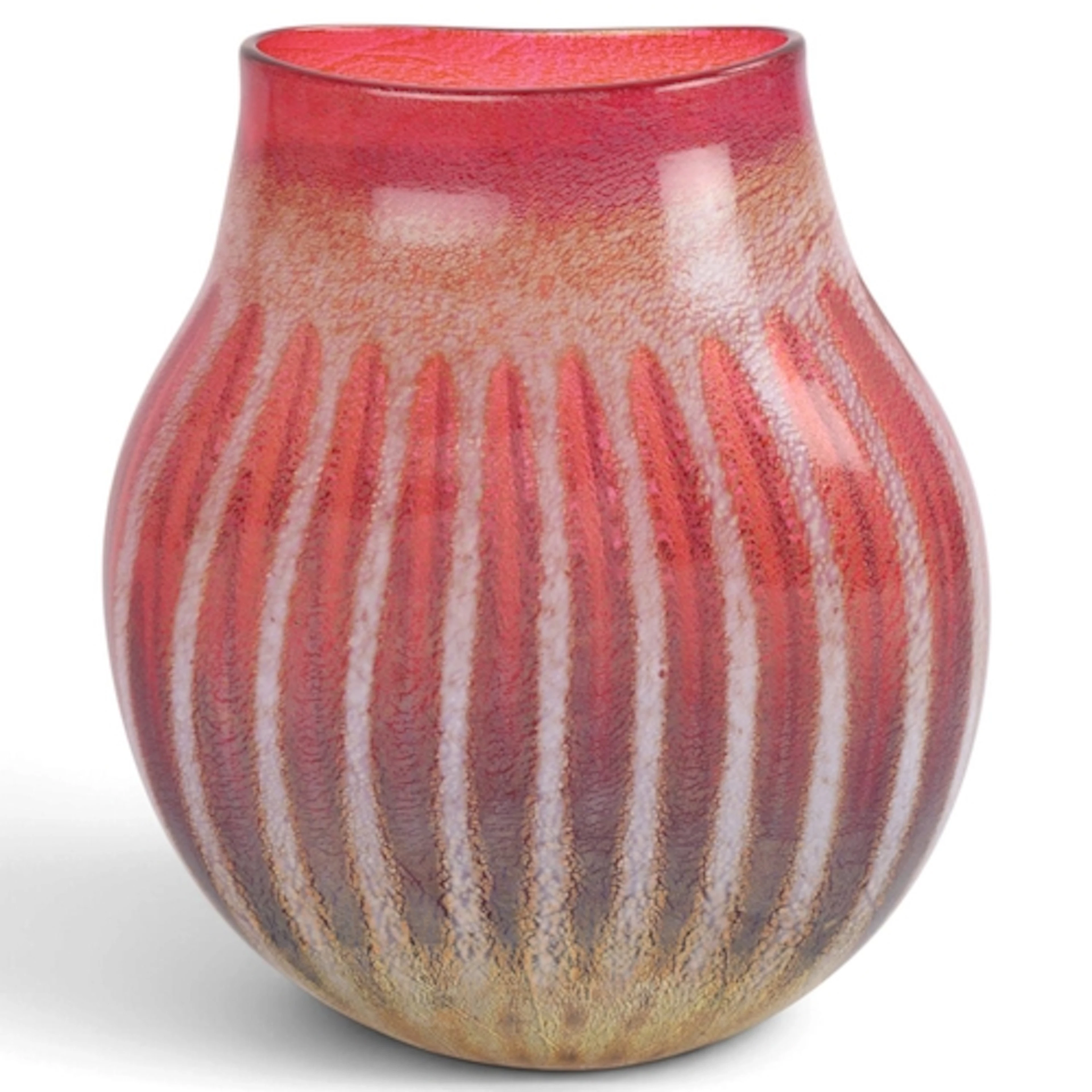 A red studio glass pebble vase with frosted white banding, i...