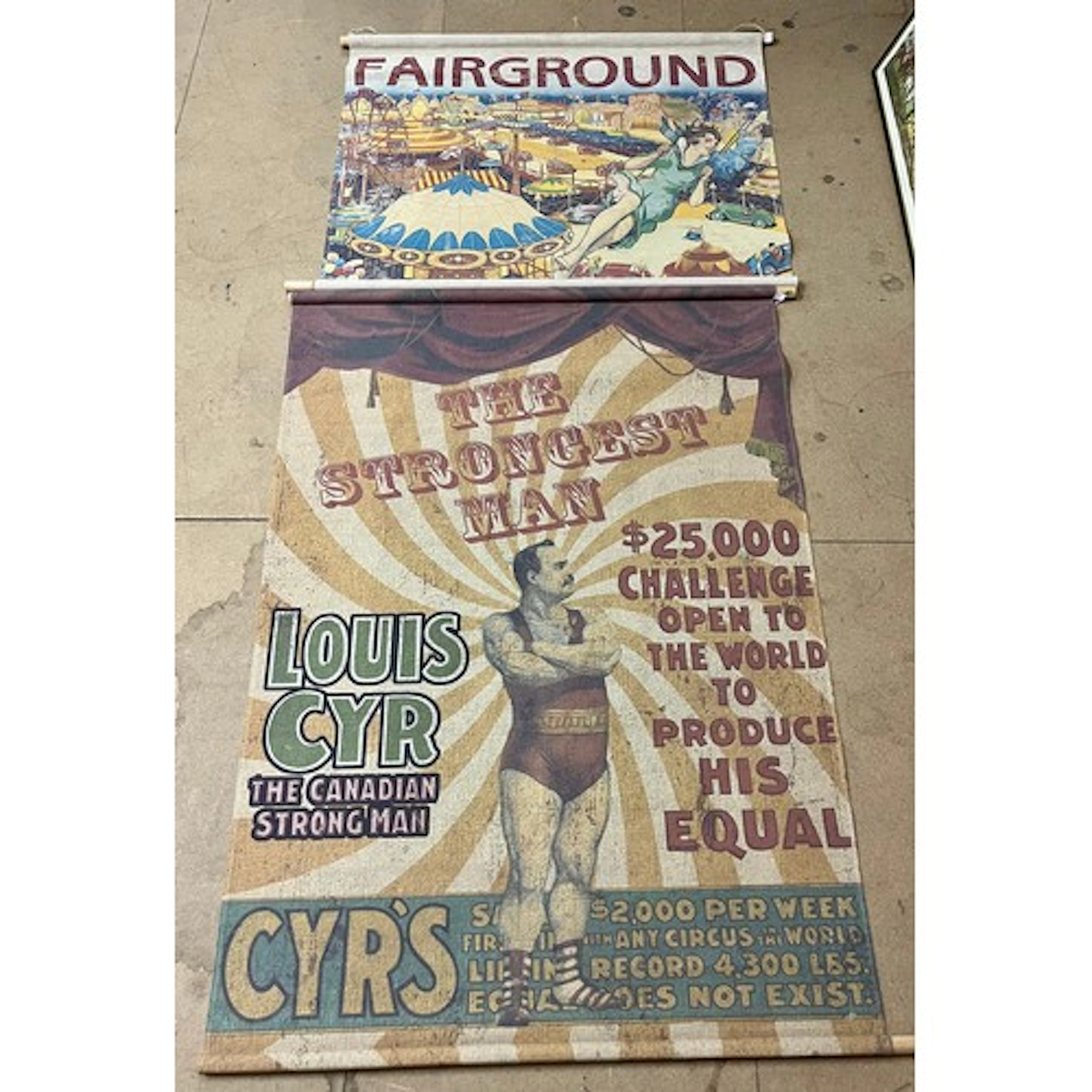 Two vintage style fairground posters on canvas