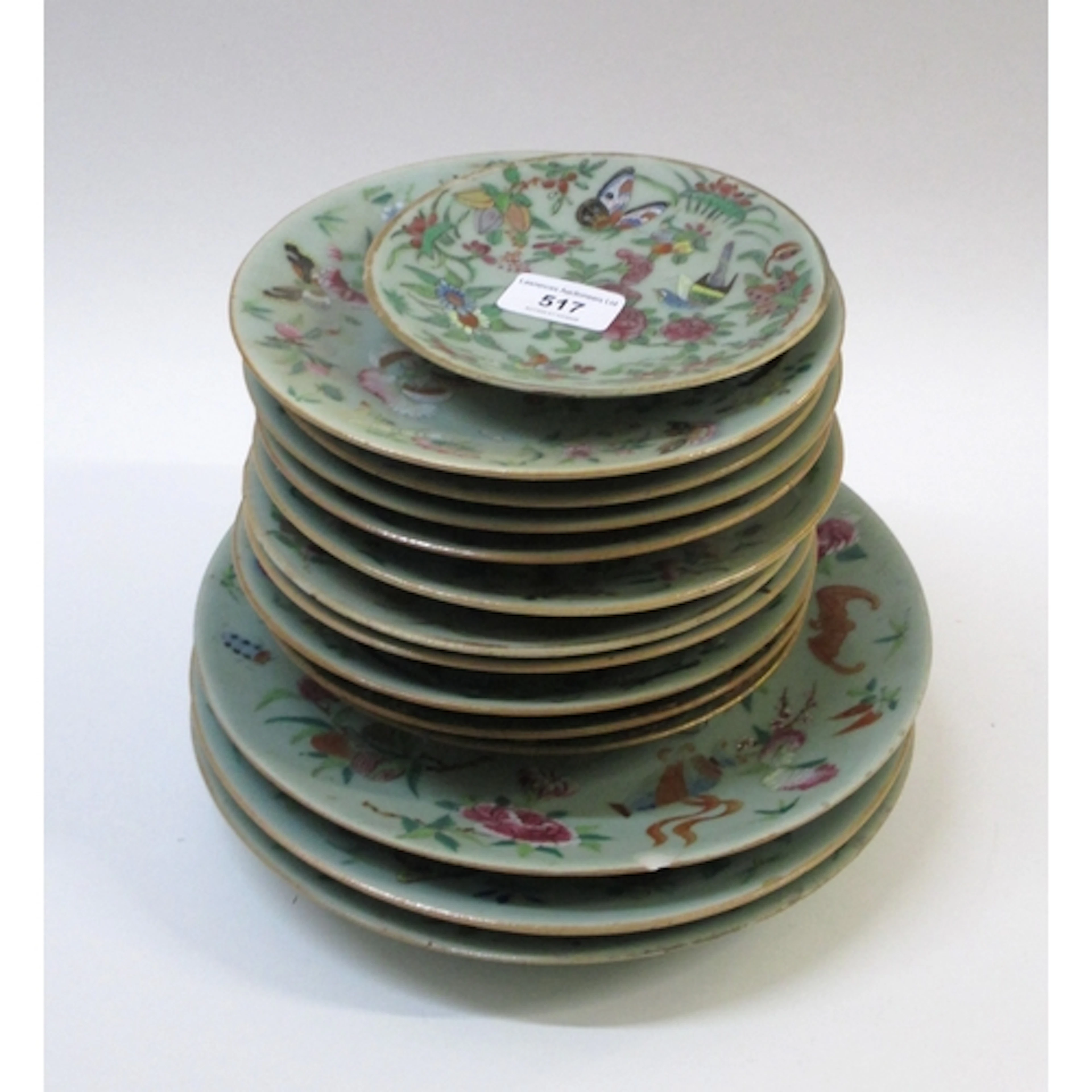 Fourteen matching Chinese enamel decorated plates, decorated...