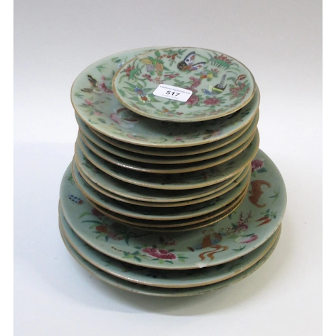 Fourteen matching Chinese enamel decorated plates, decorated...