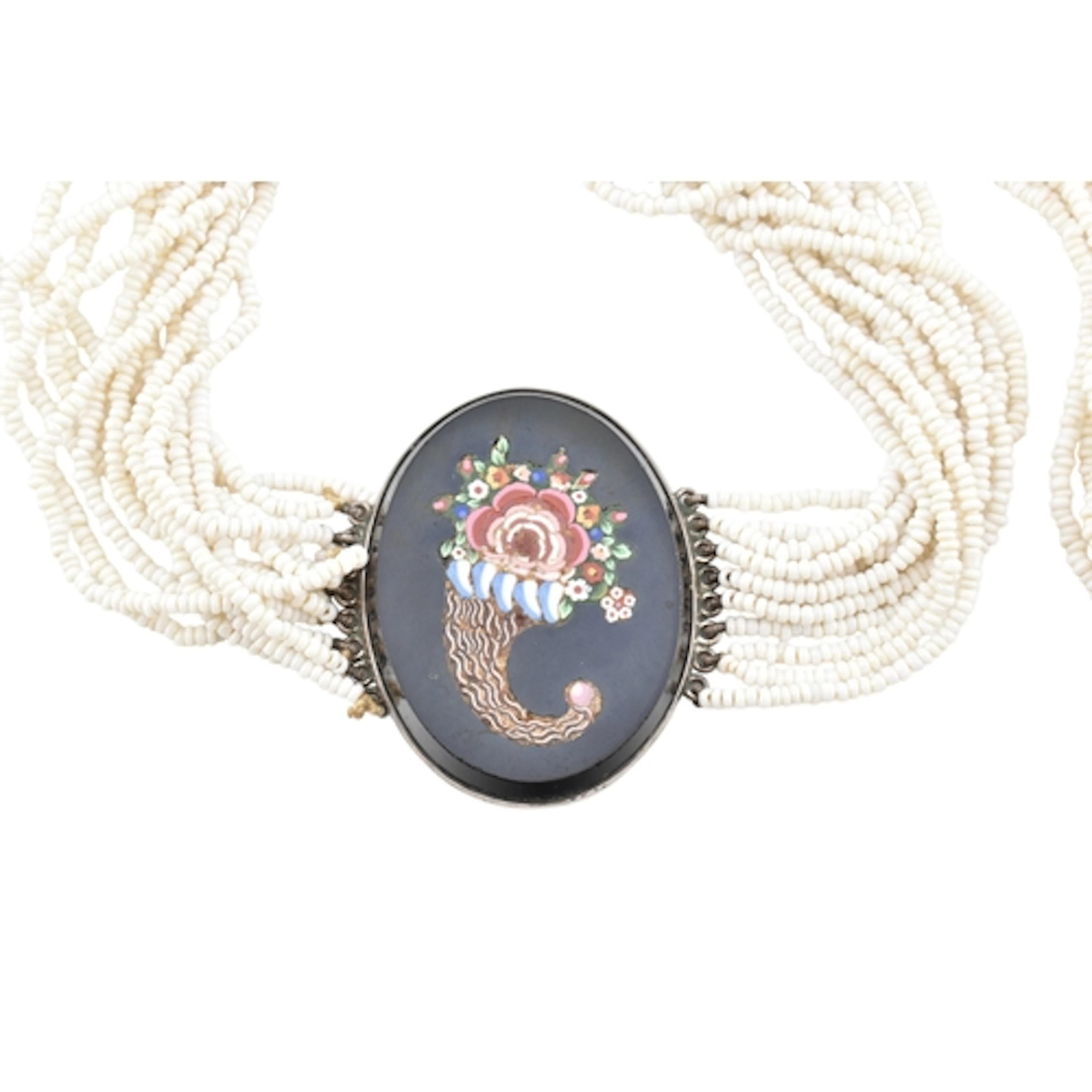 A thirteen-strand white micro bead necklace with hand-painte...