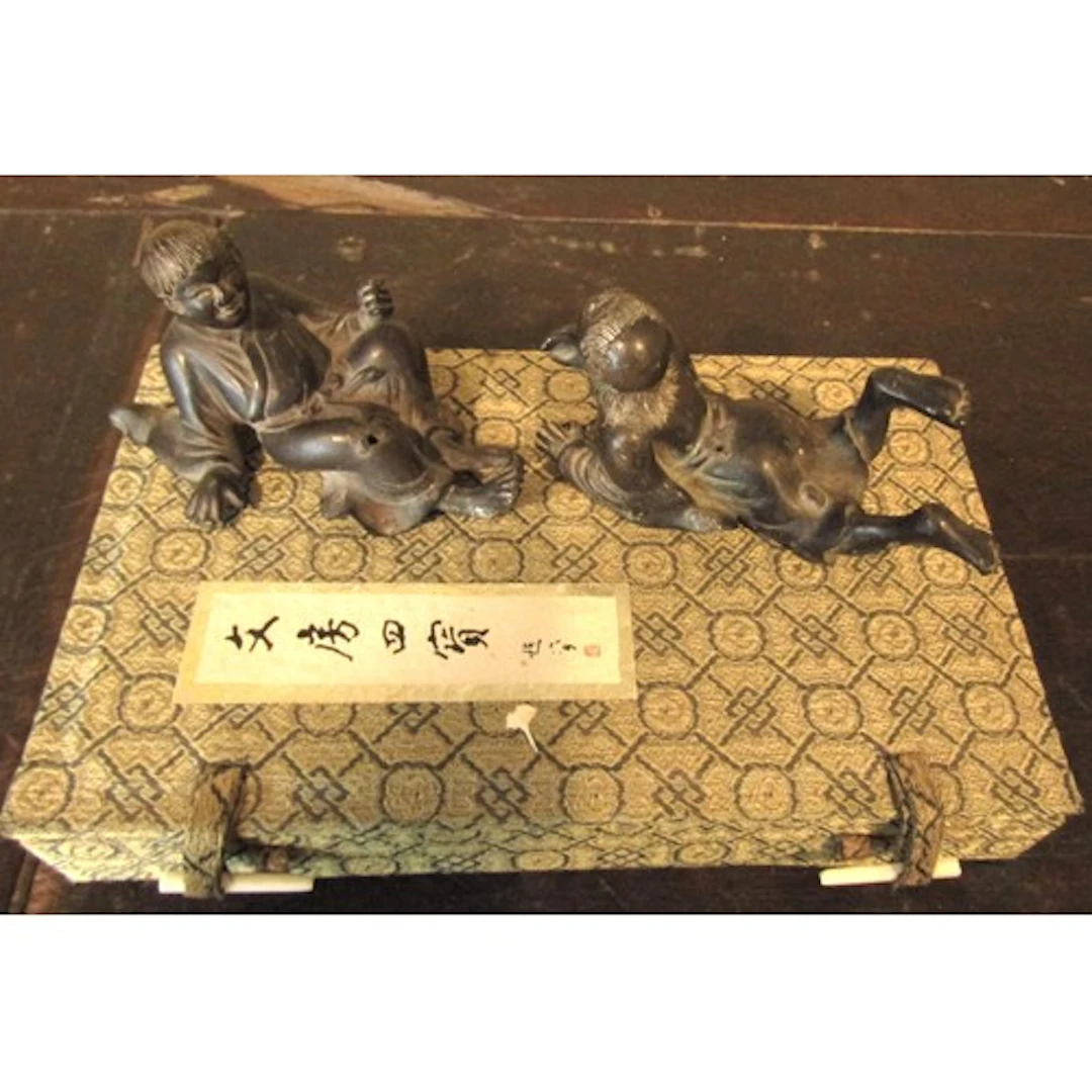 Two Carved Chinese Figures and Boxed Scroll Set with Ink Sto...