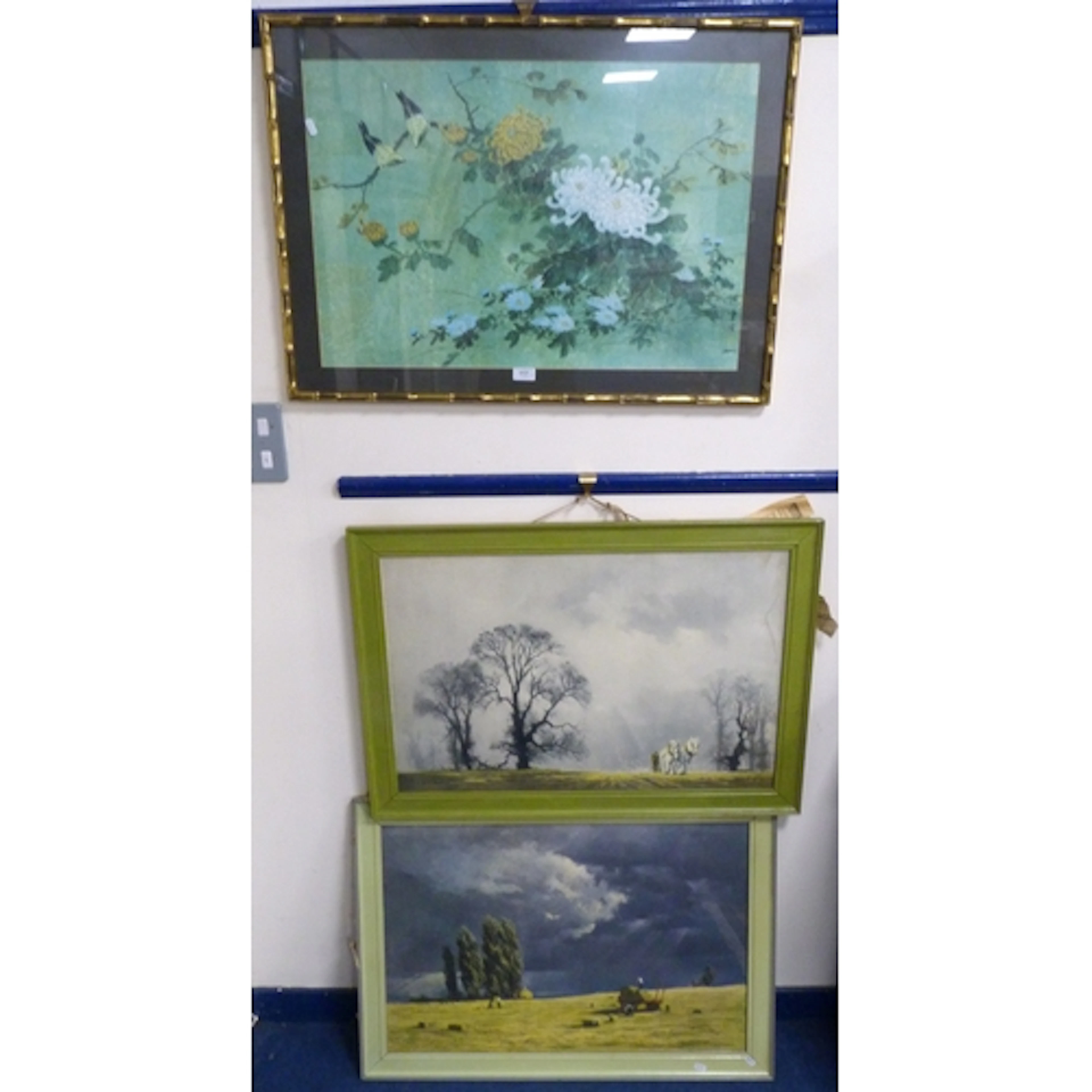 AFTER DAVID SHEPHERD, two farming prints and a Chinese style...