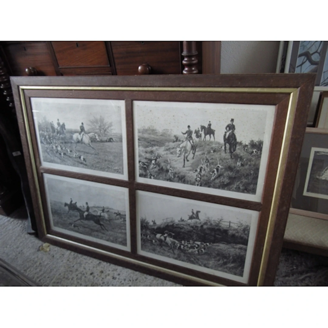 Large Edwardian Oak Framed Set of Four Hunting Prints Good O...