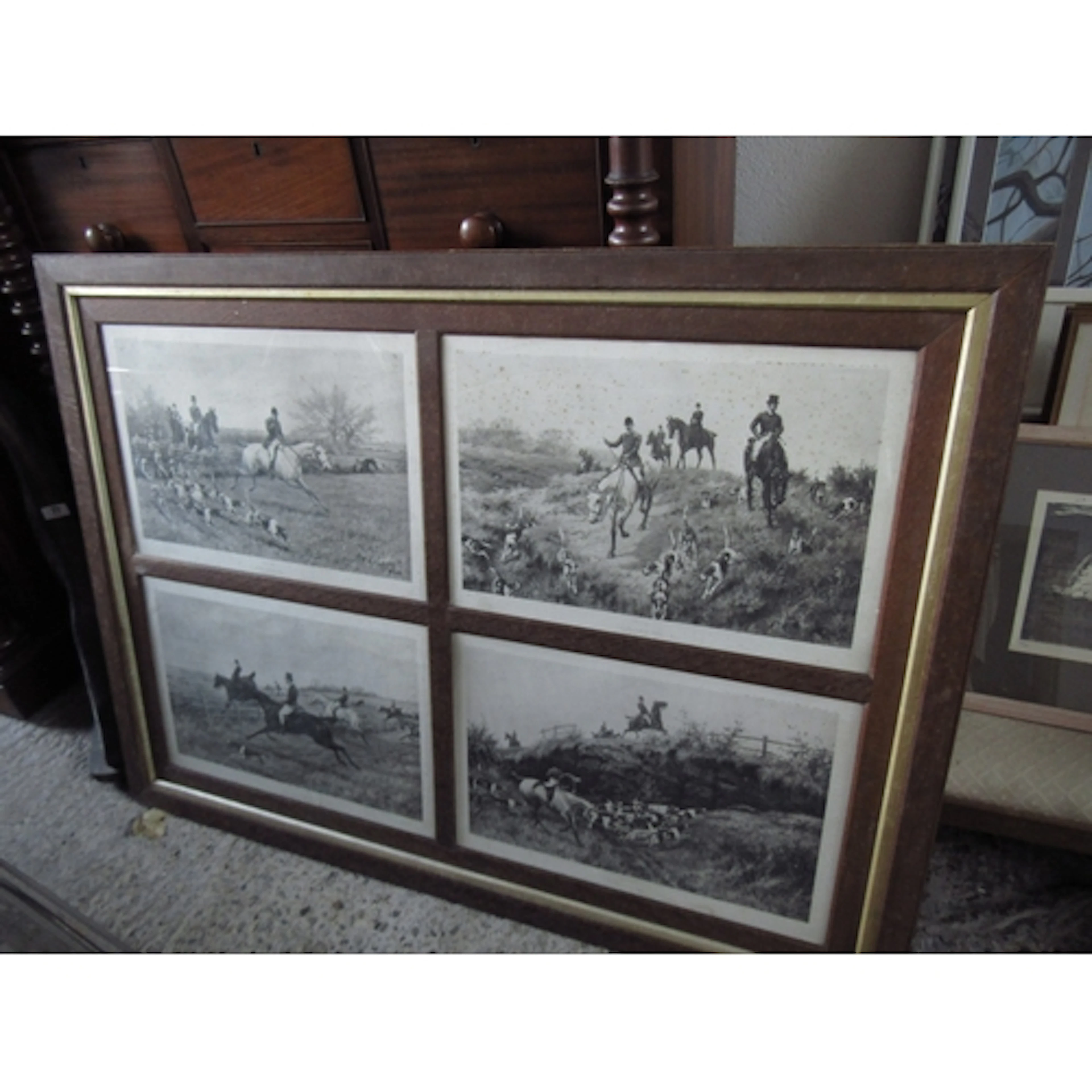 Large Edwardian Oak Framed Set of Four Hunting Prints Good O...