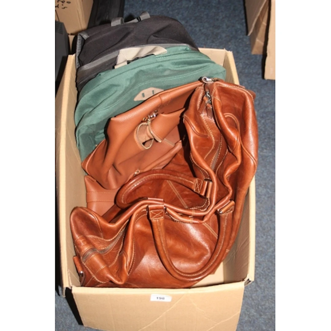Leather holdall, faux leather bag and two small rucksacks.