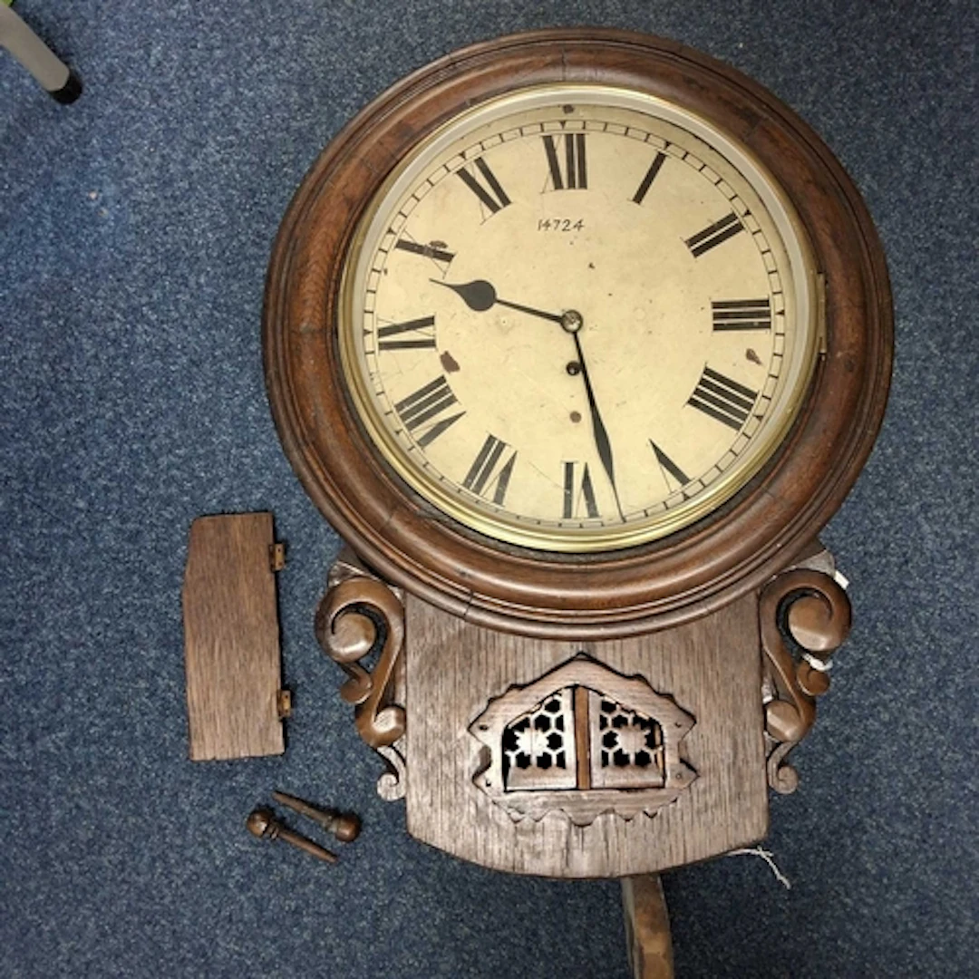 A DROP DIAL WALL CLOCK, an enamel dial with Roman numeral ho...