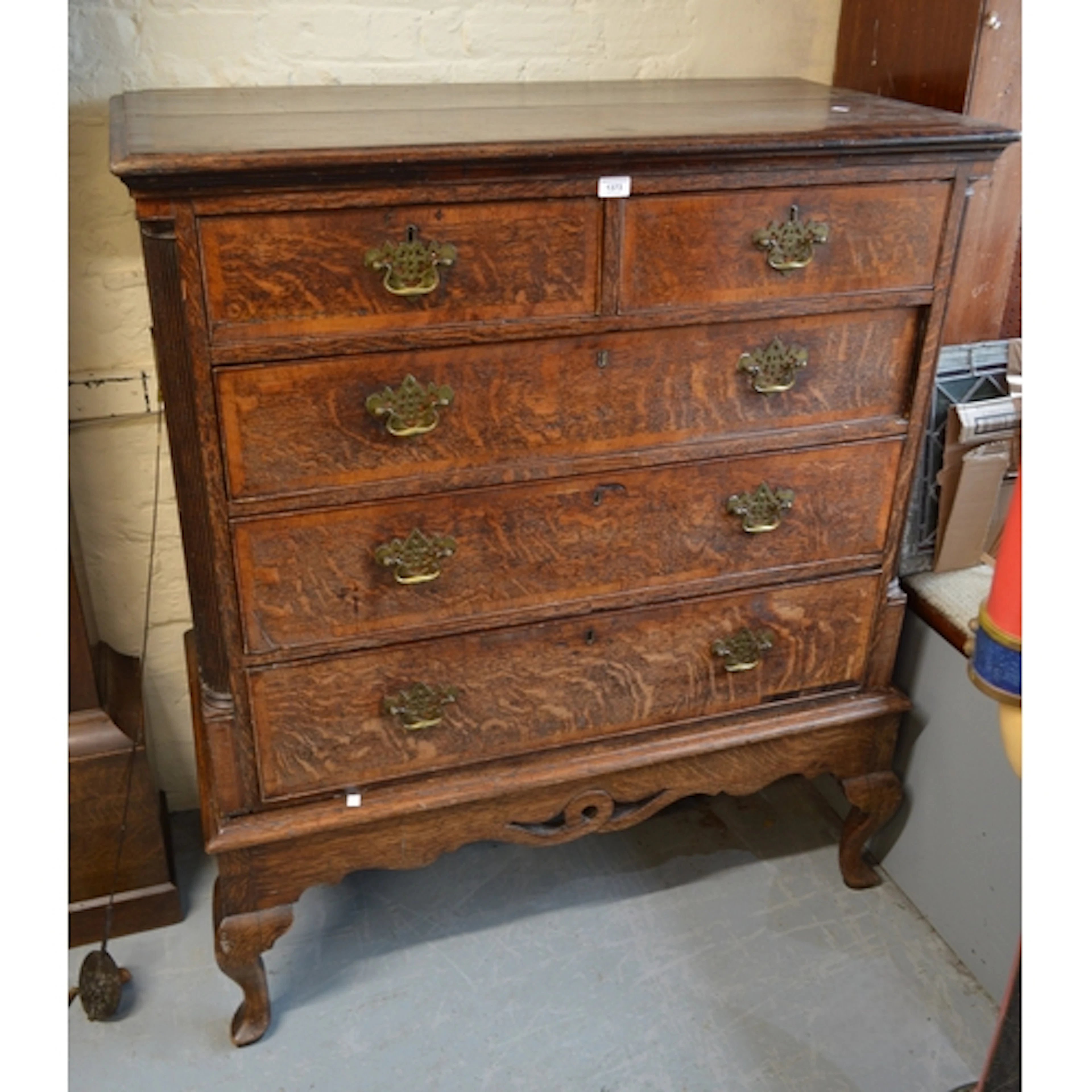 18th Century oak straight front chest on stand, the cross ba...