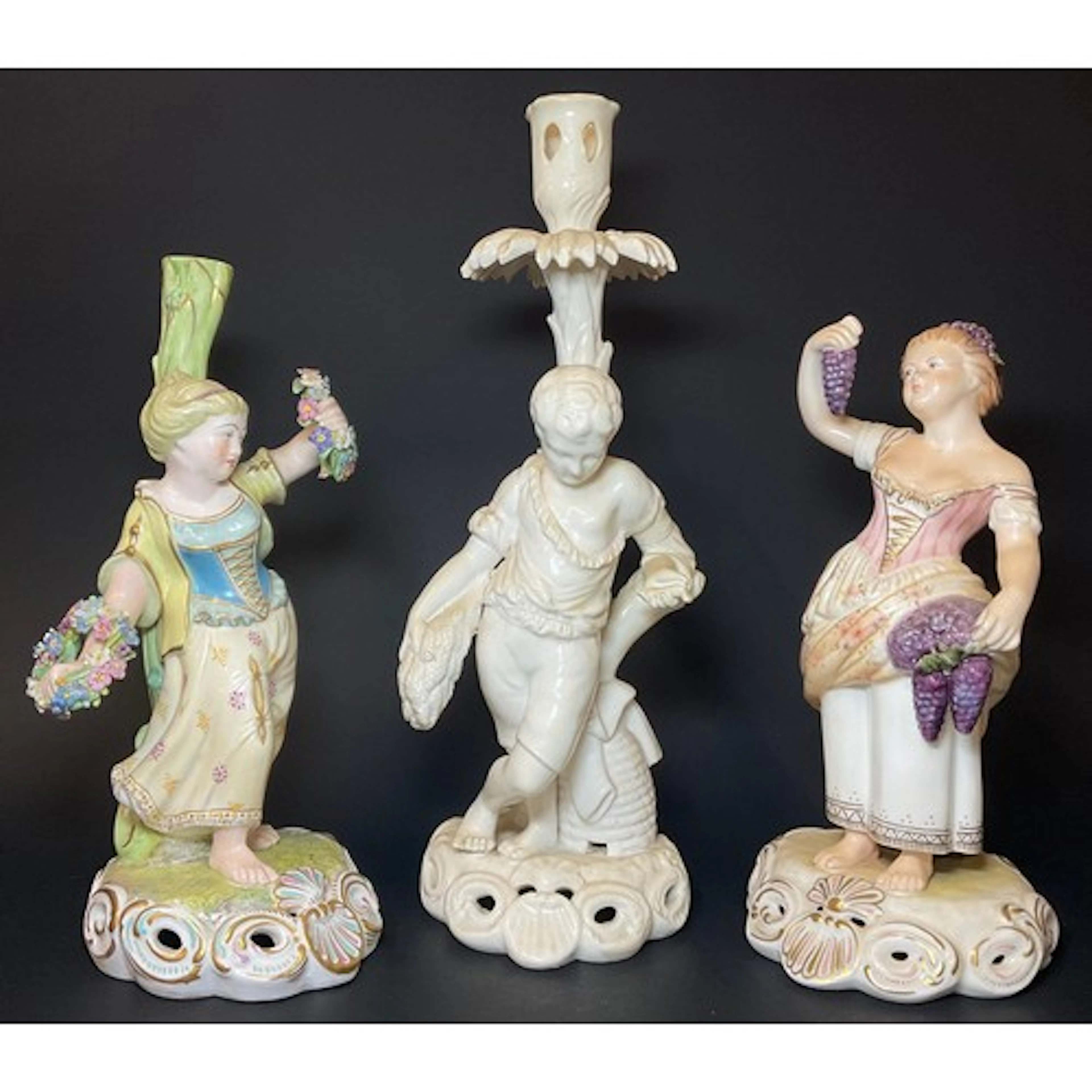 A Sampson Hancock Derby figural candlestick, Allegorical of ...
