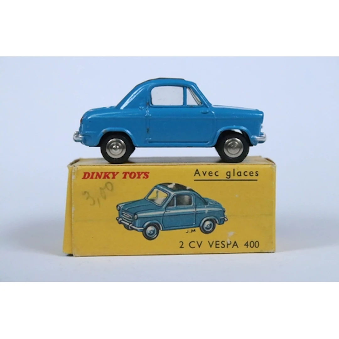 Boxed French Dinky 24L 2 CV Vespa diecast model in blue, sho...