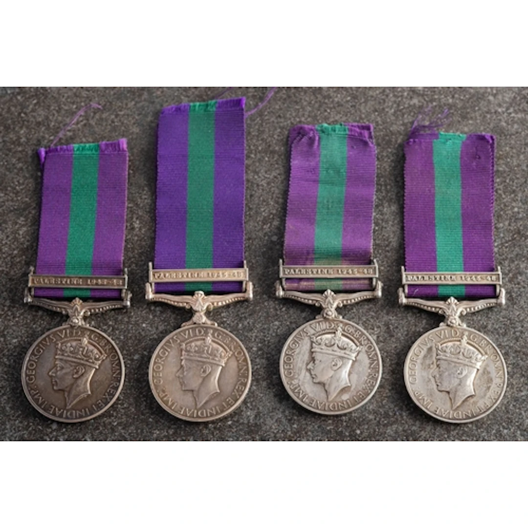 Four GRVI General Service medals with Palestine 1945-48 clas...