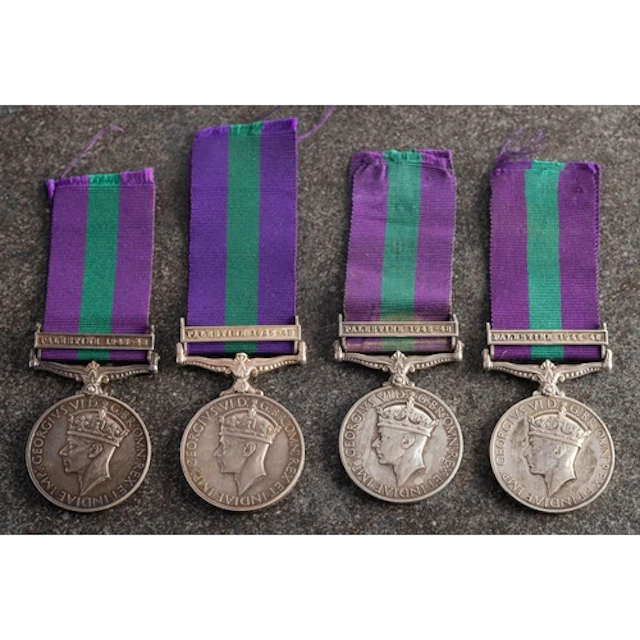 Four GRVI General Service medals with Palestine 1945-48 clas...