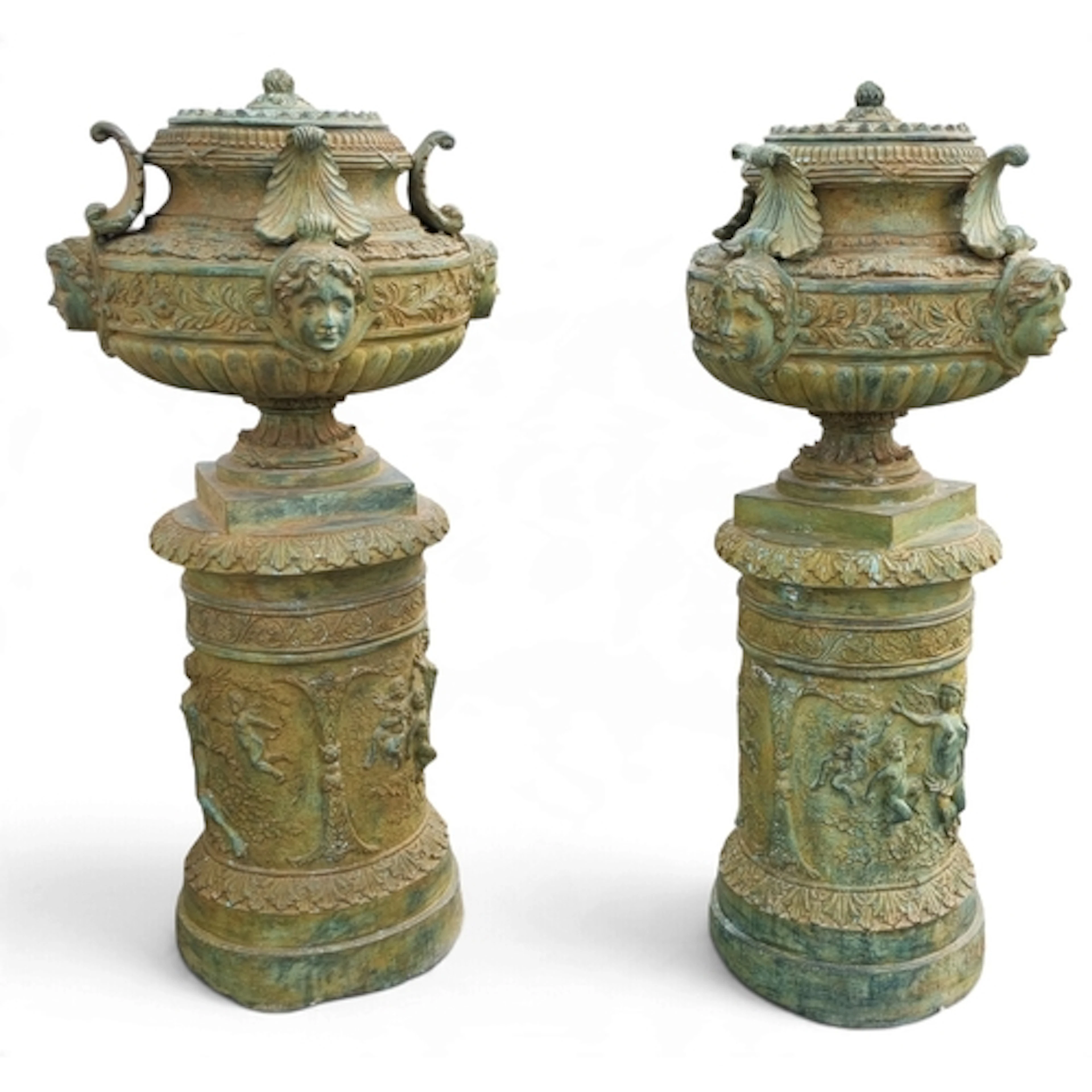 A substantial pair of Cast Iron Garden Urns on stands, each ...