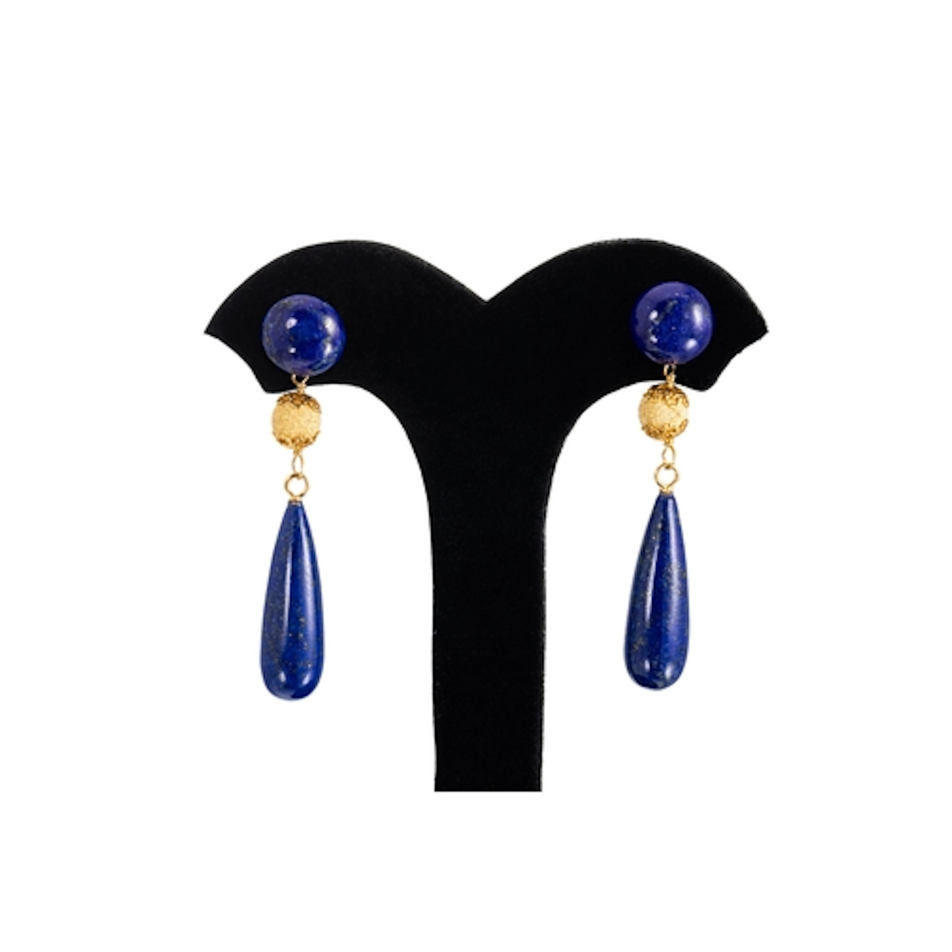 A PAIR OF LAPIS LAZULI DROP EARRINGS, silver gilt mounts